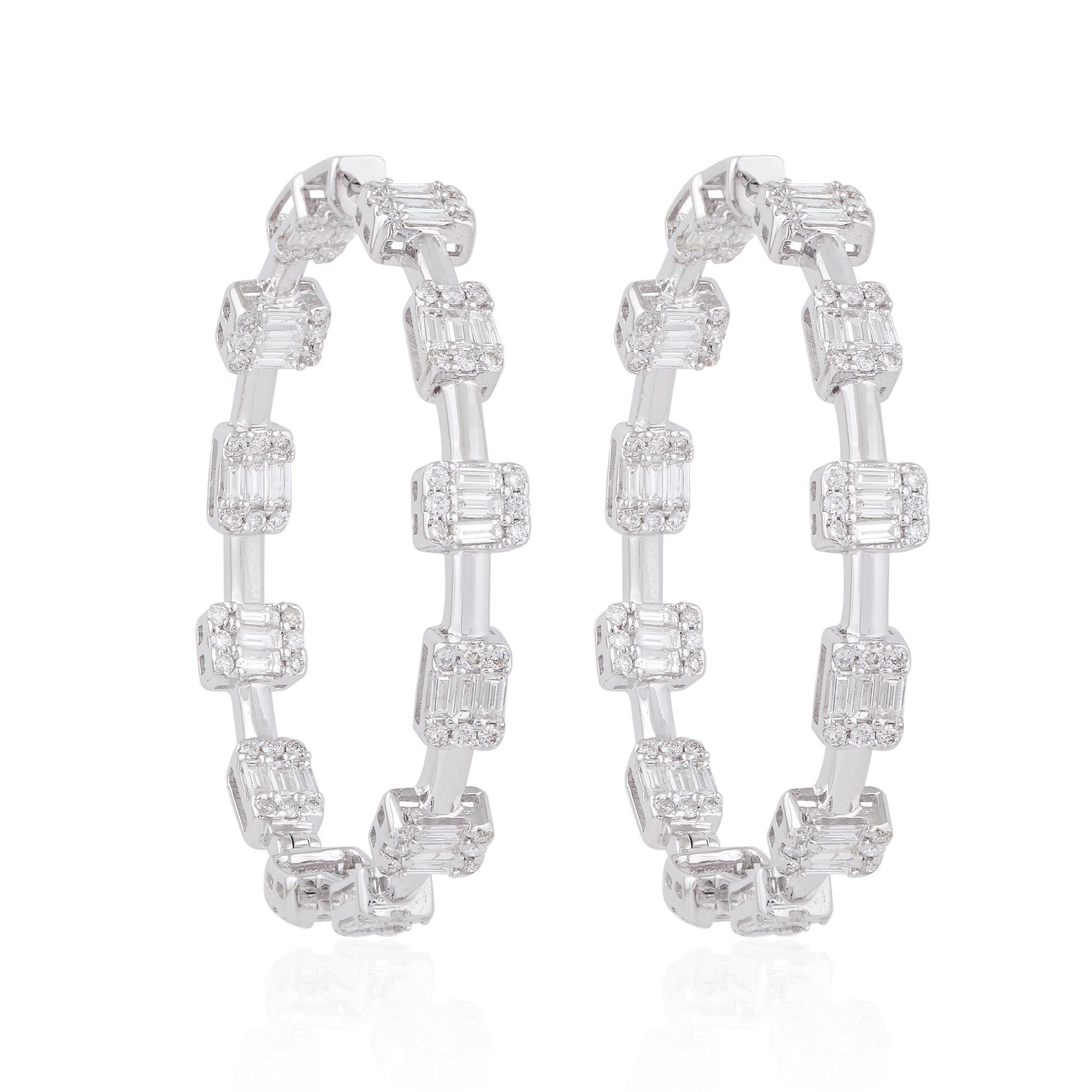 Pendientes de aro de diamante baguette de 2,3 quilates, claridad SI y color HI, oro blanco de 18 quilates en venta