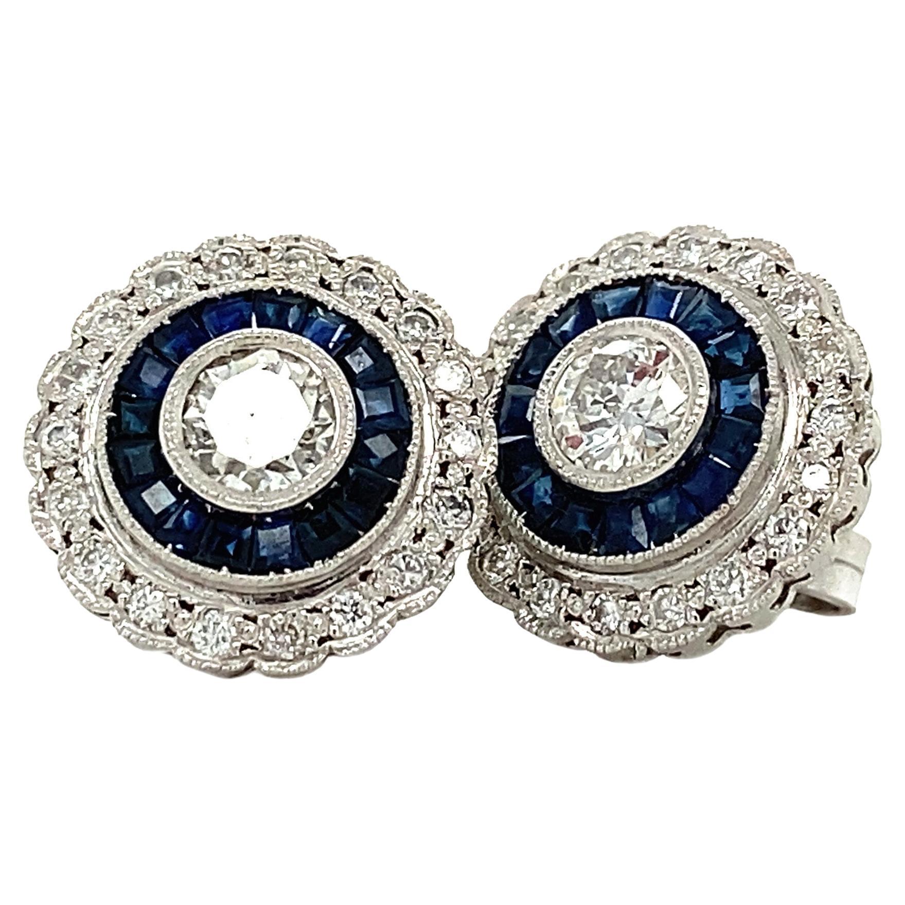 Pendientes de platino estilo Art-Deco con diamante total de 2,3 quilates y zafiro natural