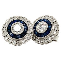 Boucles d'oreilles en platine de 2,3 carats de diamant et de saphir naturel de style Art-Déco