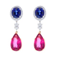 23 Carat Total Pear Shape Rubellite, Marquise Diamond and Blue Sapphire Earring