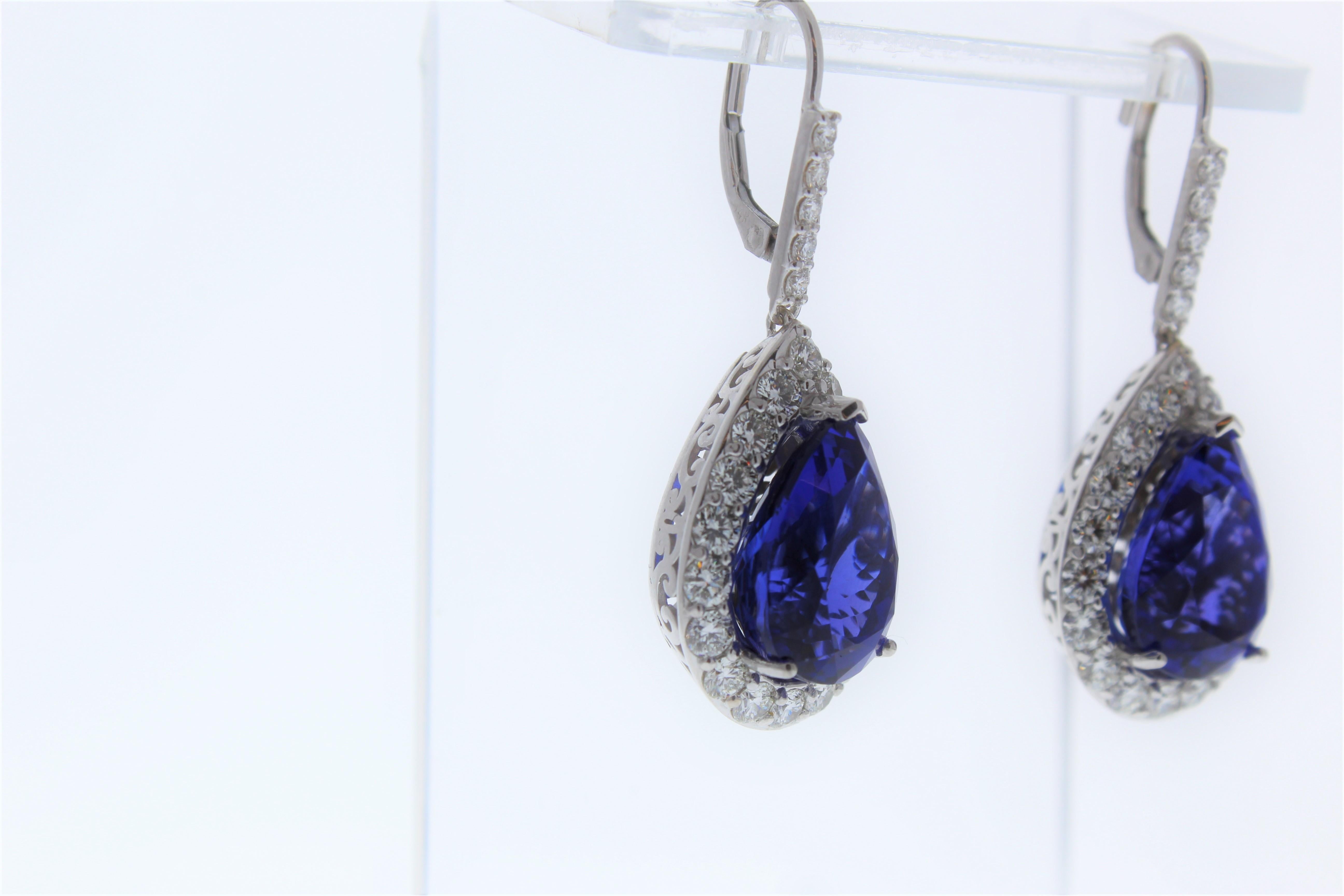 Pear Cut 23 Carat Total Pear Shaped Tanzanite & Diamond Dangle Earrings in 18K White Gold For Sale