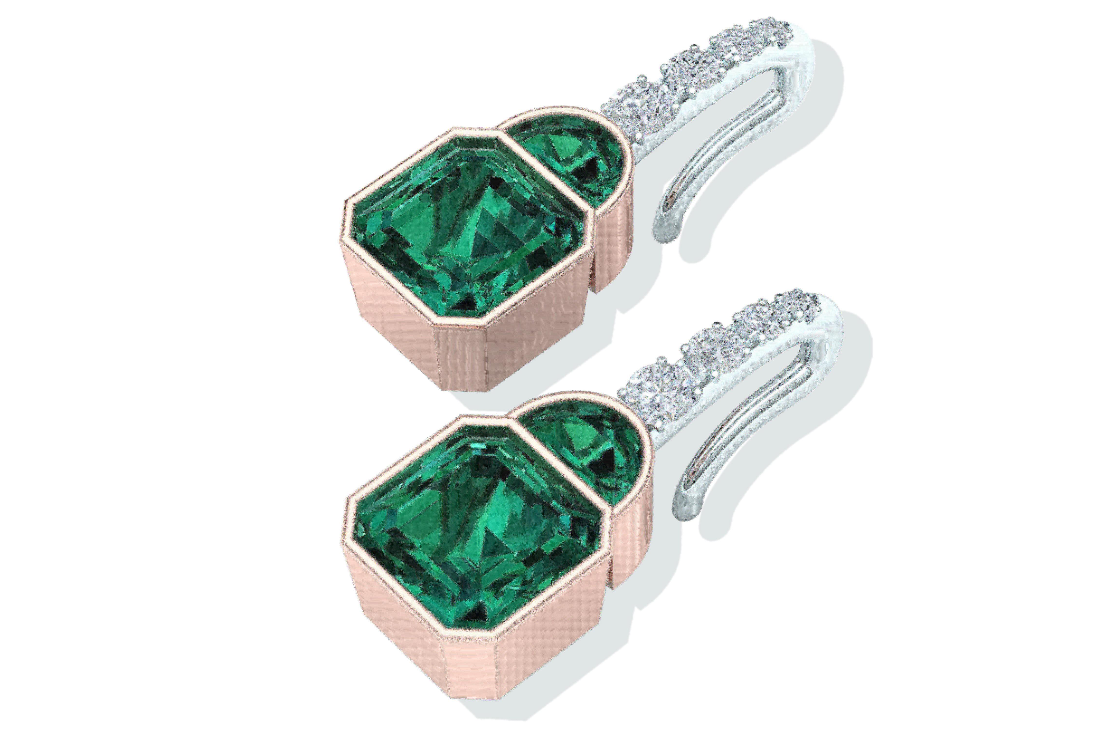 The center stones of each earring are Asscher cut Tourmaline's that exhibit a rich deep blue green color and are eye clean.  The center stones are topped by two half-moon cut Tourmaline's that match the bottom Asshers for color and clarity.  Lastly