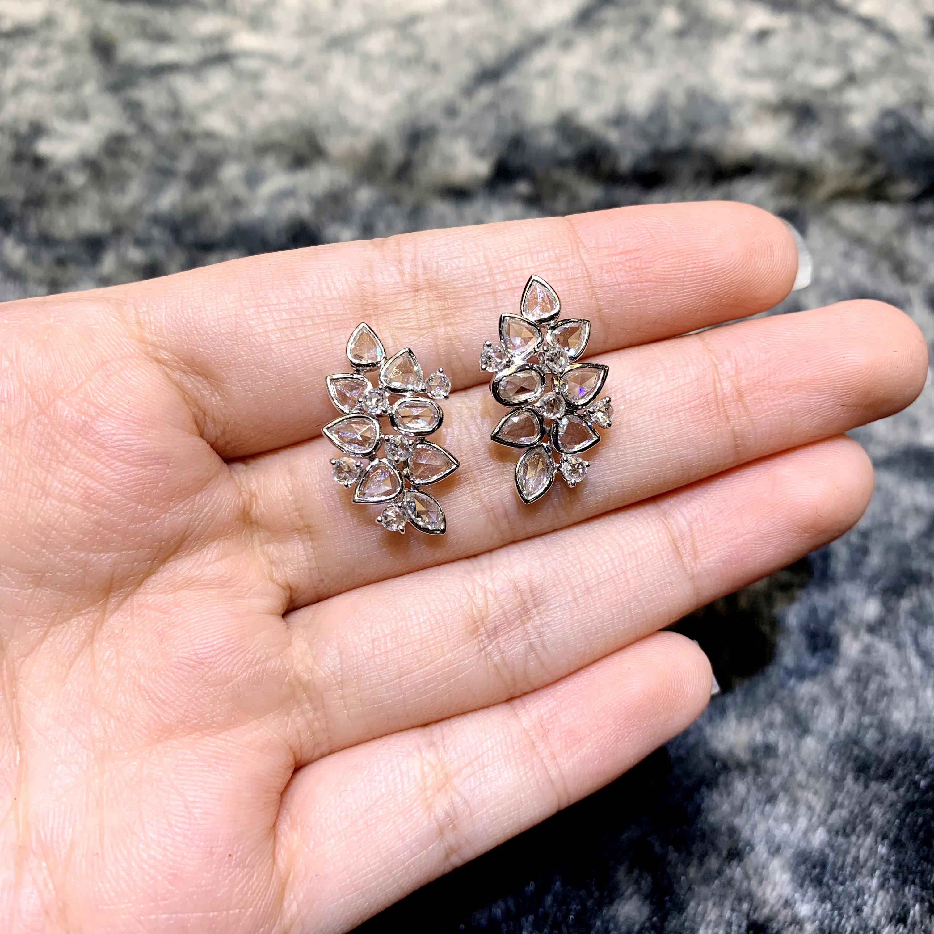 Modern 2.3 Carat White Rose Cut Diamond Dangle Earring