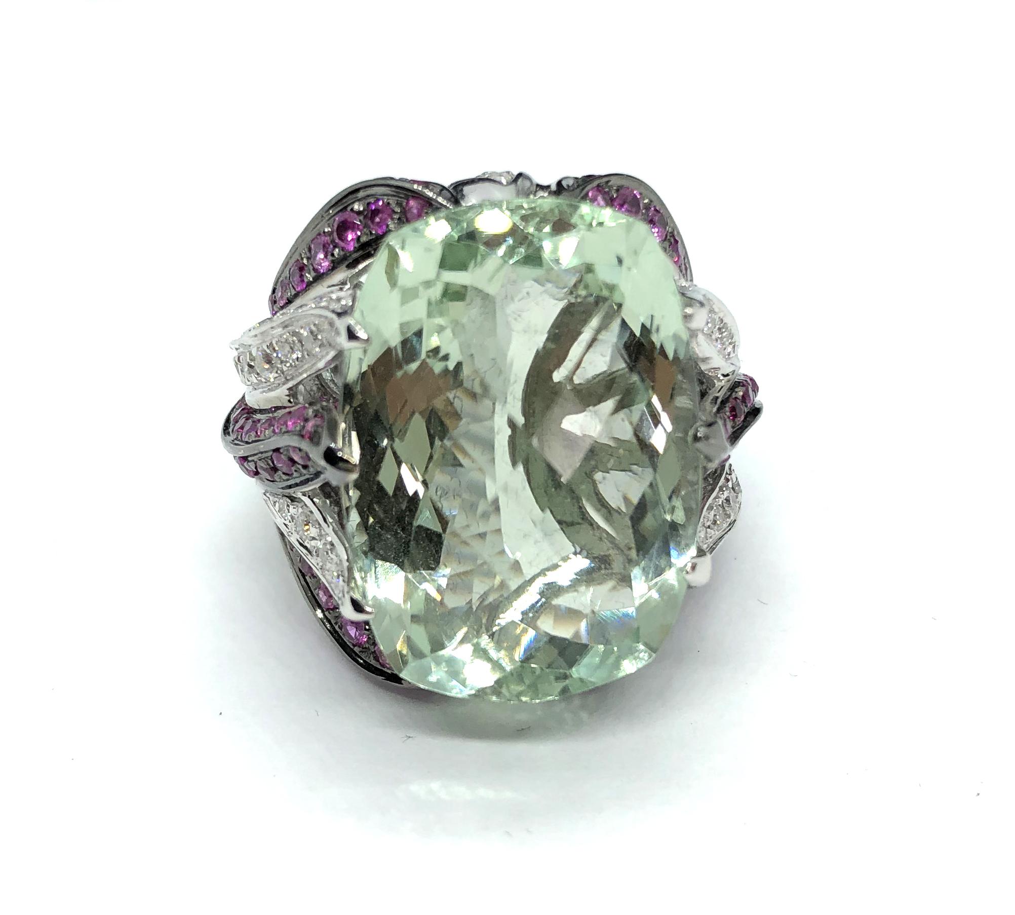 23 Ct Green Prasiolite White Gold Cocktail Ring Diamond and Pink Sapphires Flame For Sale 5