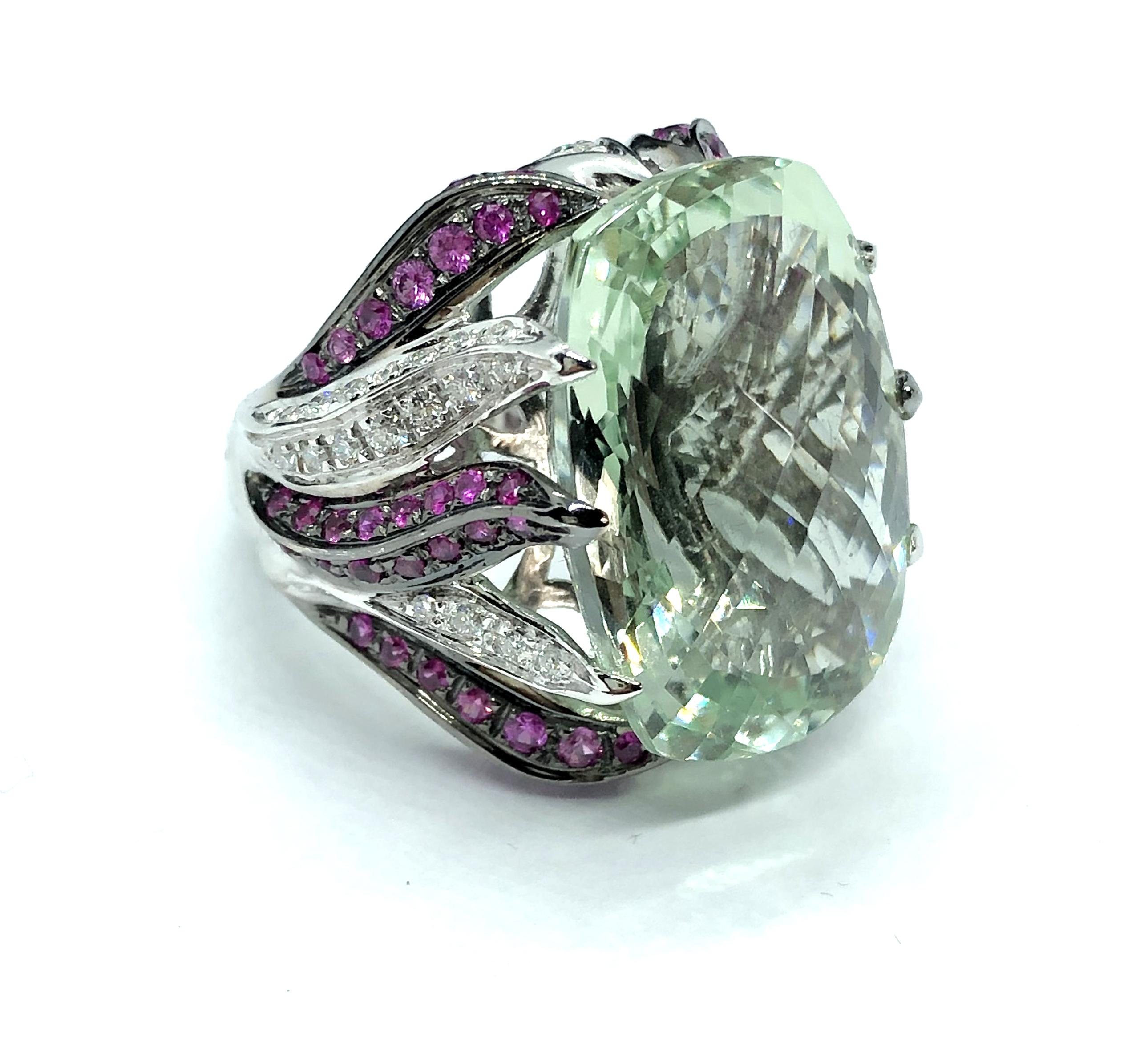 23 Ct Green Prasiolite White Gold Cocktail Ring Diamond and Pink Sapphires Flame For Sale 6