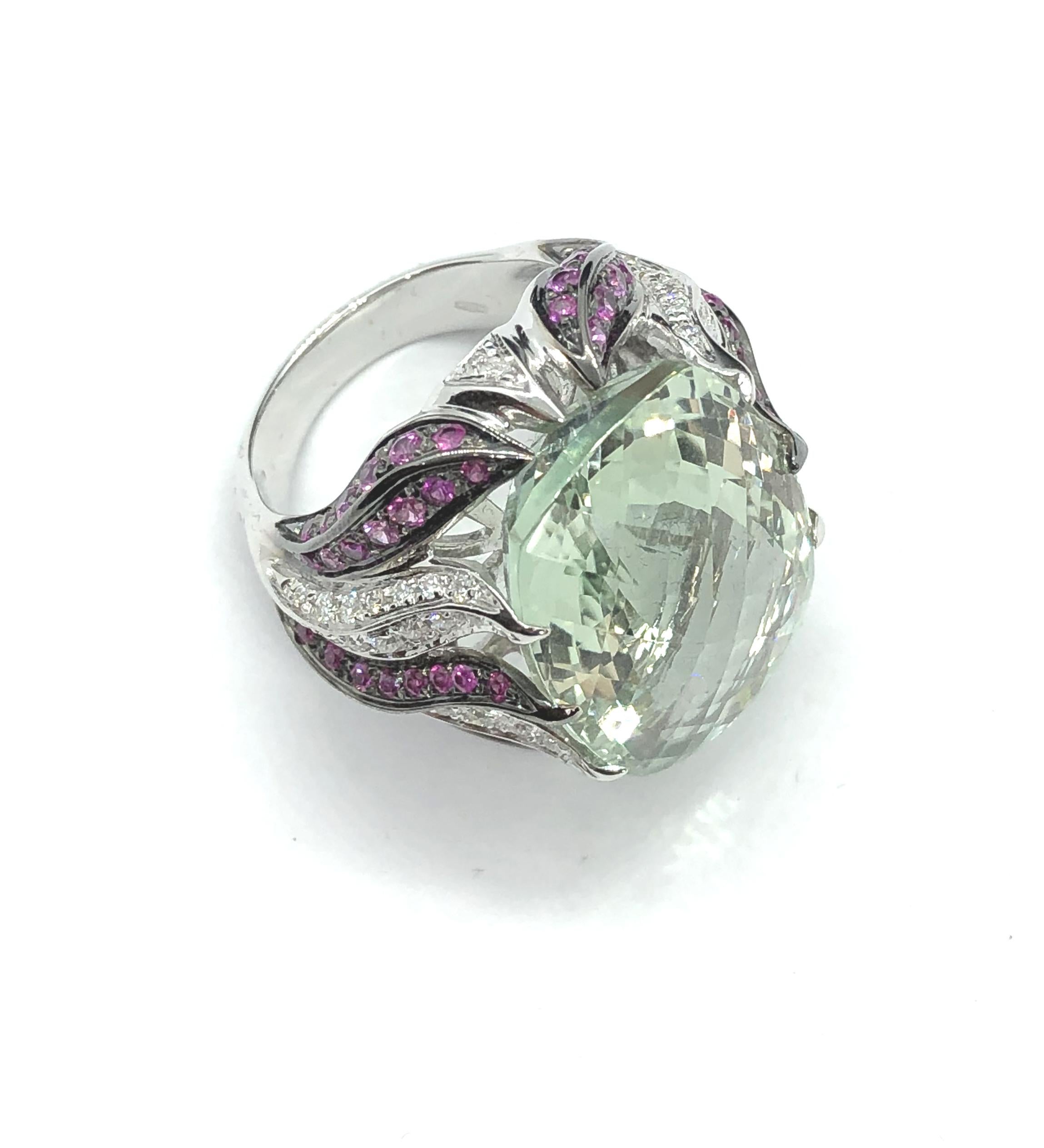 23 Ct Green Prasiolite White Gold Cocktail Ring Diamond and Pink Sapphires Flame For Sale 8