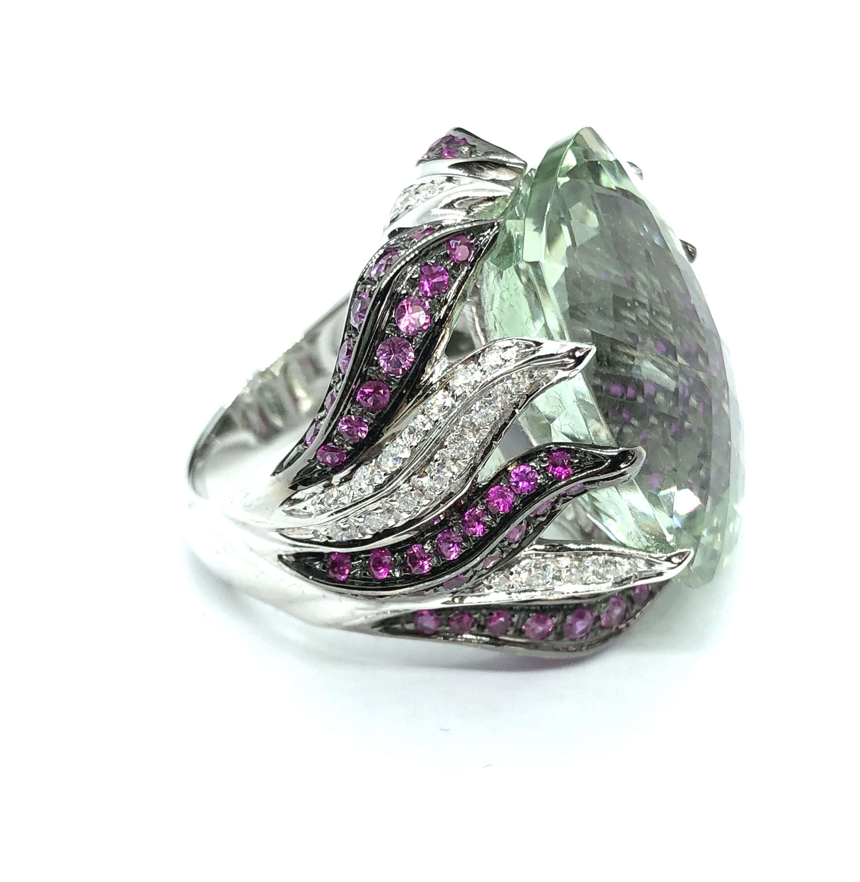 23 Ct Green Prasiolite White Gold Cocktail Ring Diamond and Pink Sapphires Flame For Sale 9