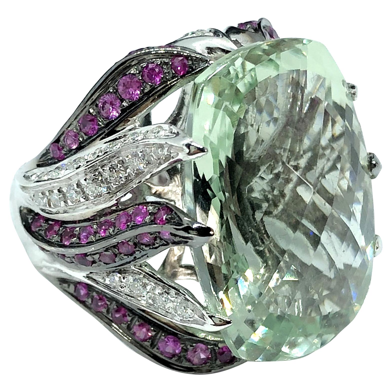 23 Ct Green Prasiolite White Gold Cocktail Ring Diamond and Pink Sapphires Flame For Sale