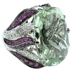 23 Ct Green Prasiolite White Gold Cocktail Ring Diamond and Pink Sapphires Flame