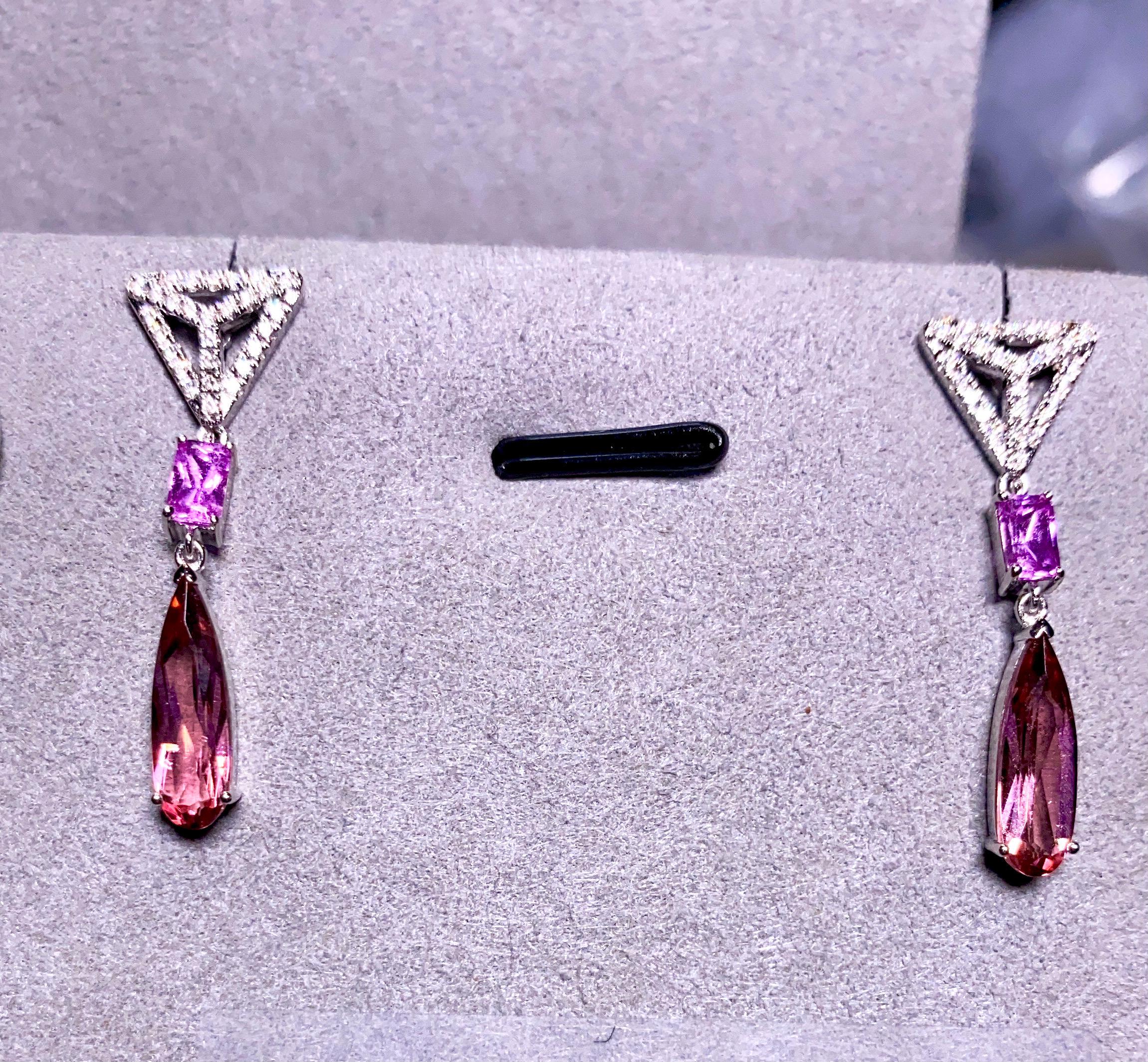 Contemporary Eostre Tourmaline, Pink Sapphire and Diamond Earring in 18K White Gold For Sale