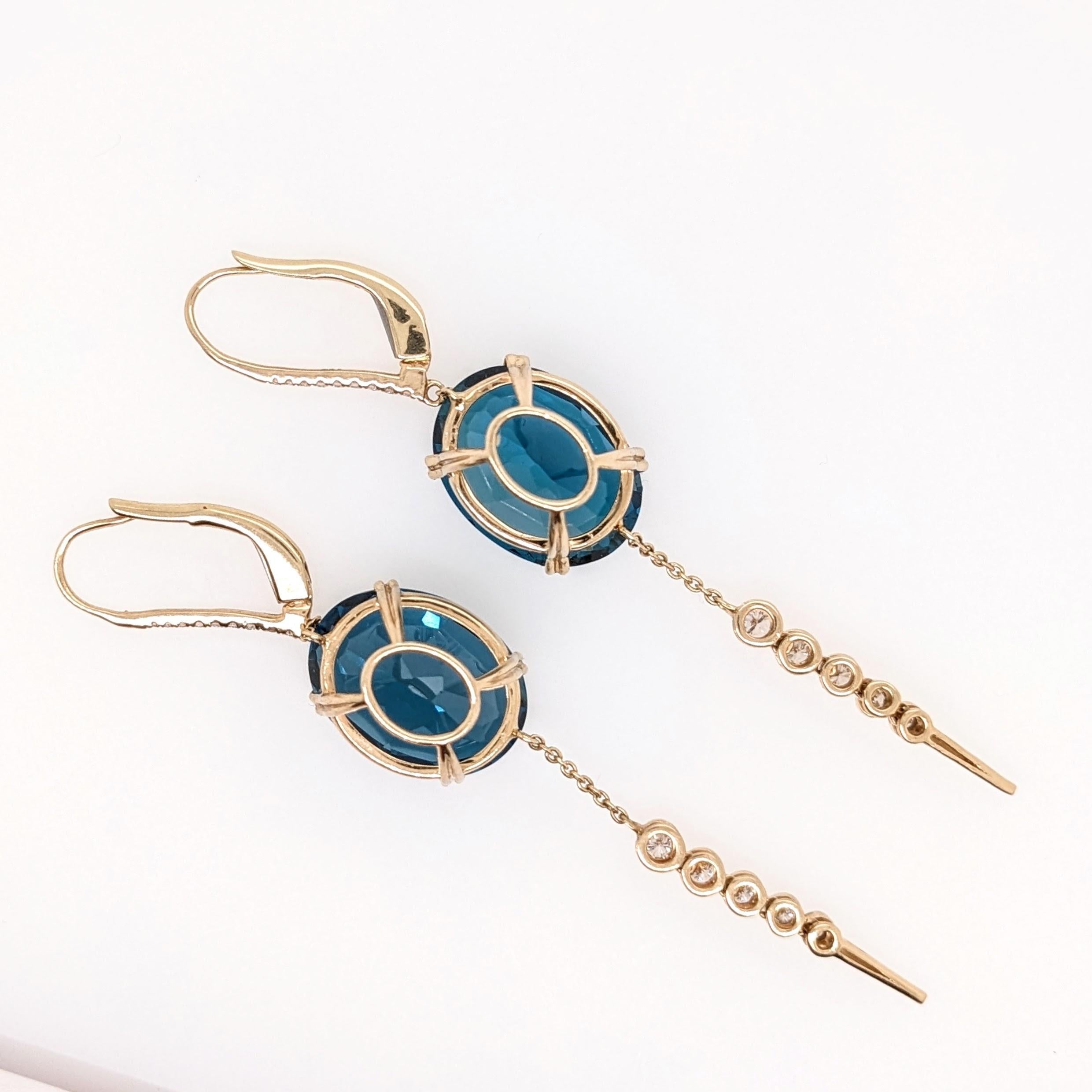 23 cttw London Blue Topaz Dangle Earrings w Natural Diamonds in 14k Solid Gold For Sale 2