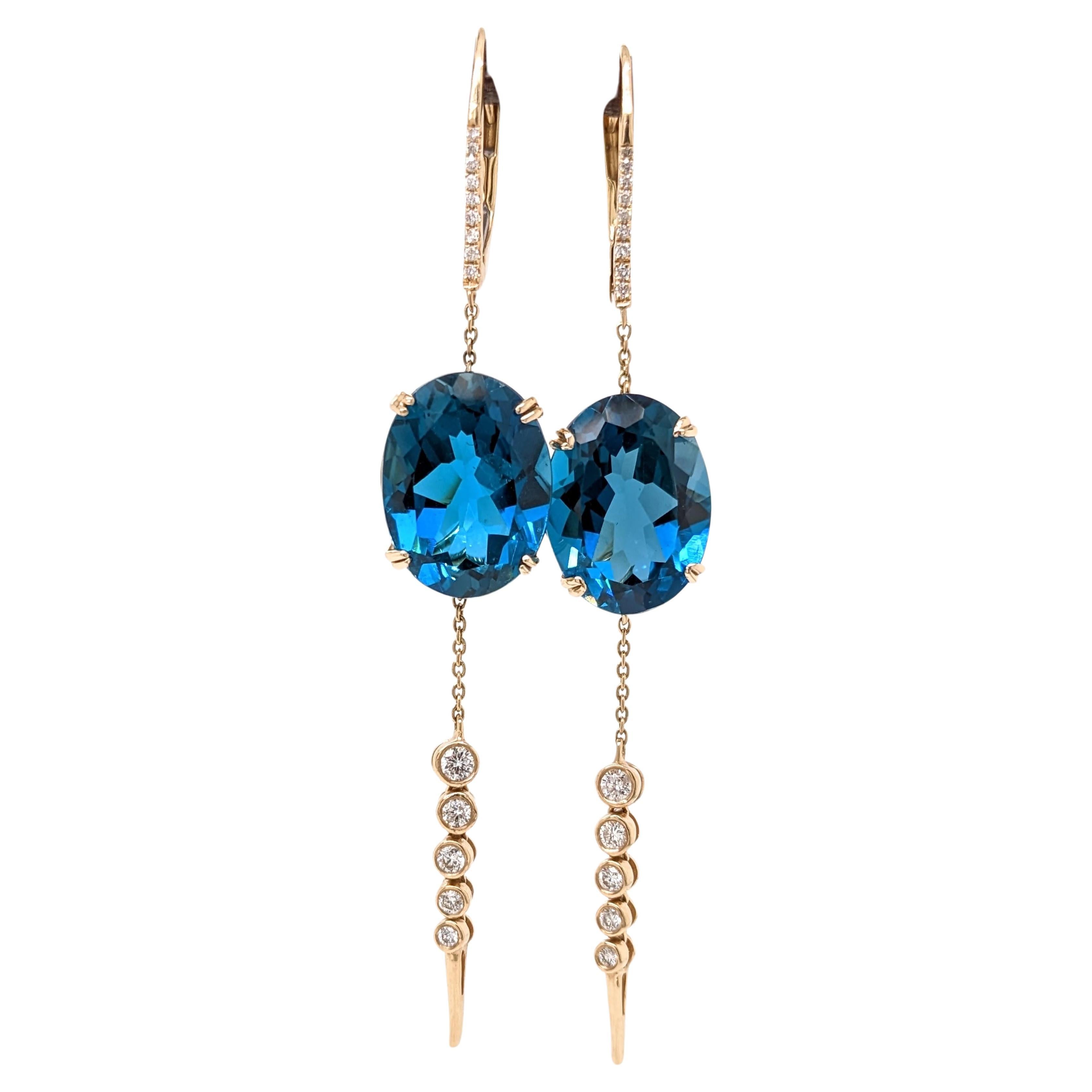 23 cttw London Blue Topaz Dangle Earrings w Natural Diamonds in 14k Solid Gold For Sale