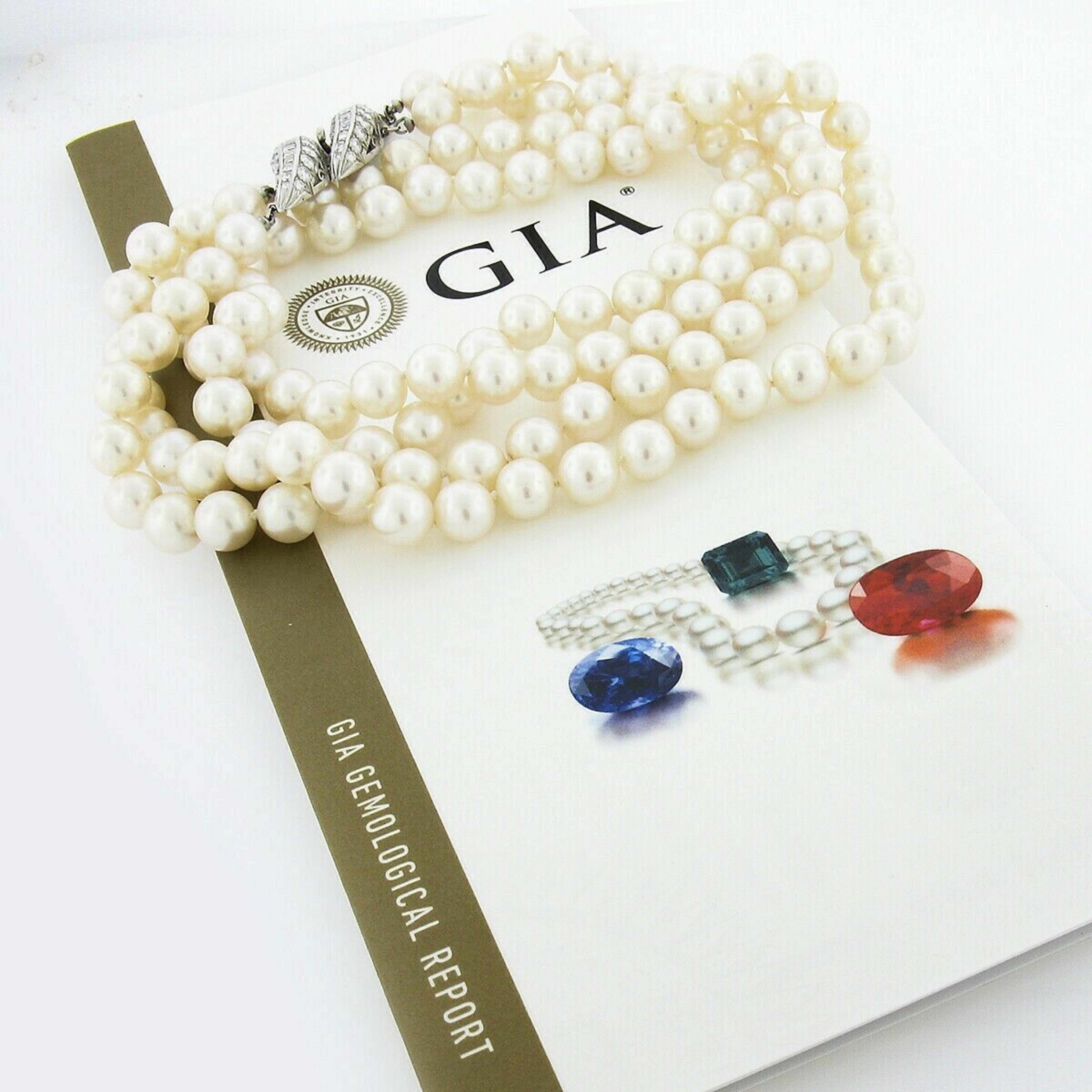 GIA White Cultured Akoya Pearl Dual Strand Necklace & Platinum Diamond Clasp 5
