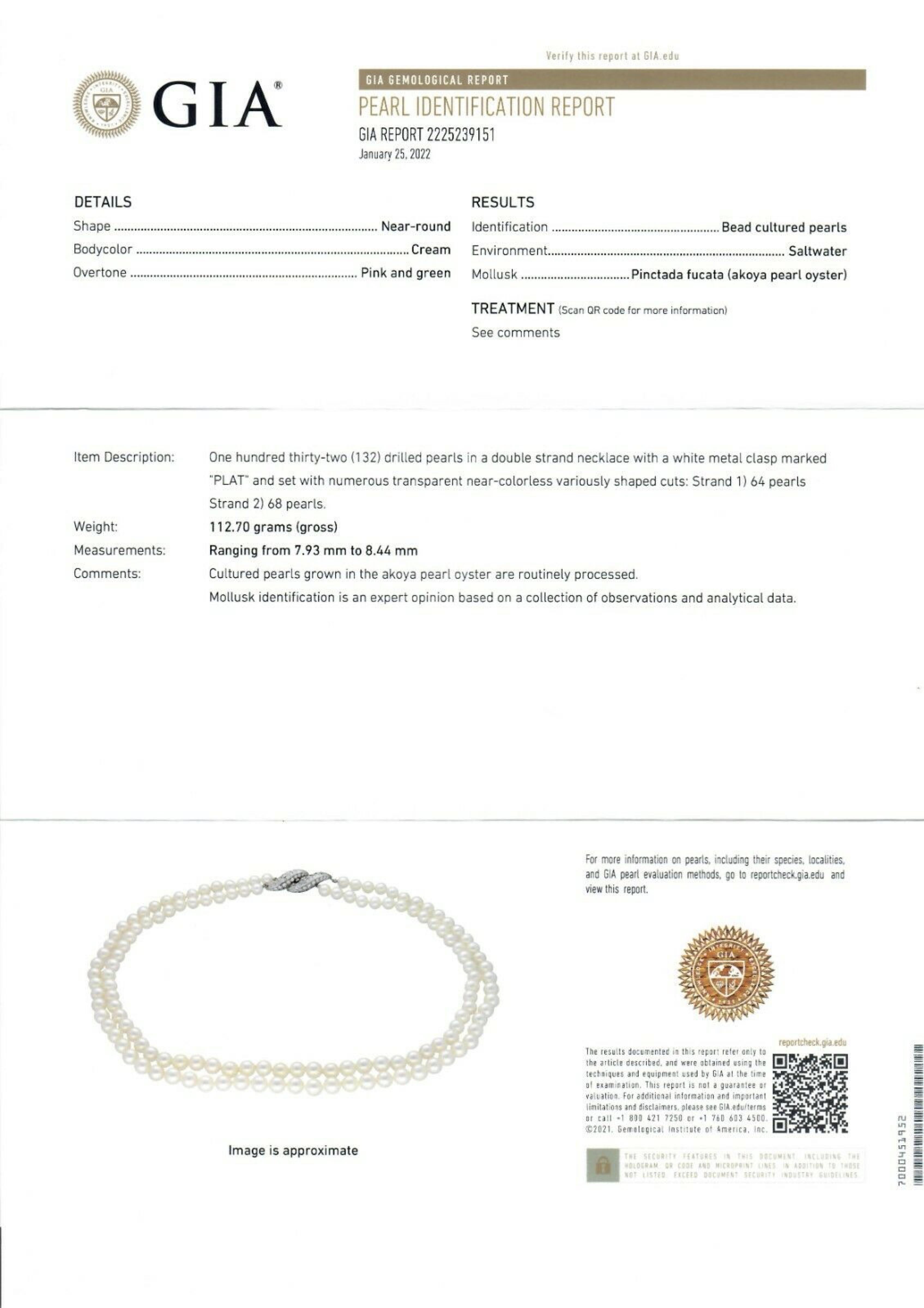 GIA White Cultured Akoya Pearl Dual Strand Necklace & Platinum Diamond Clasp 6
