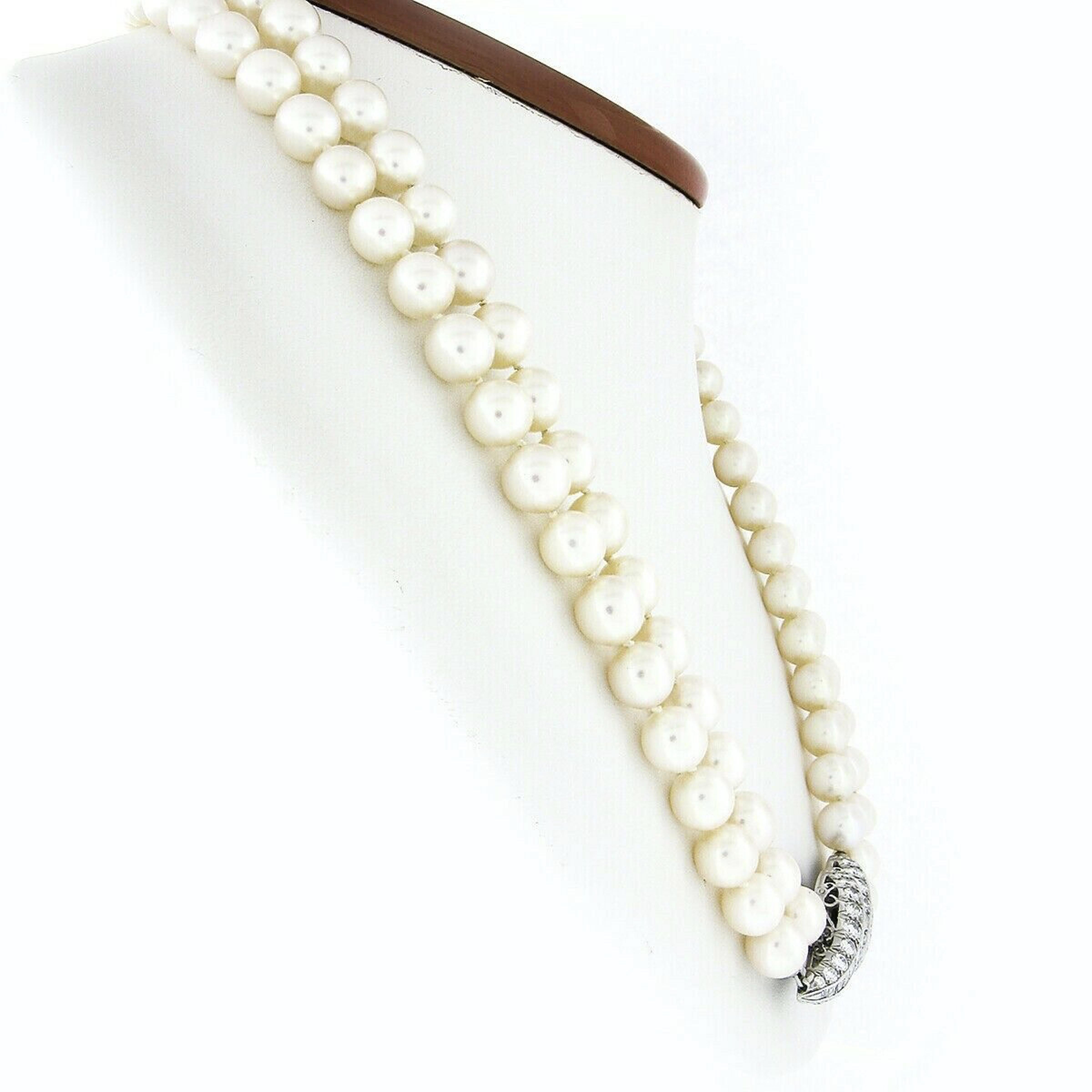Round Cut GIA White Cultured Akoya Pearl Dual Strand Necklace & Platinum Diamond Clasp