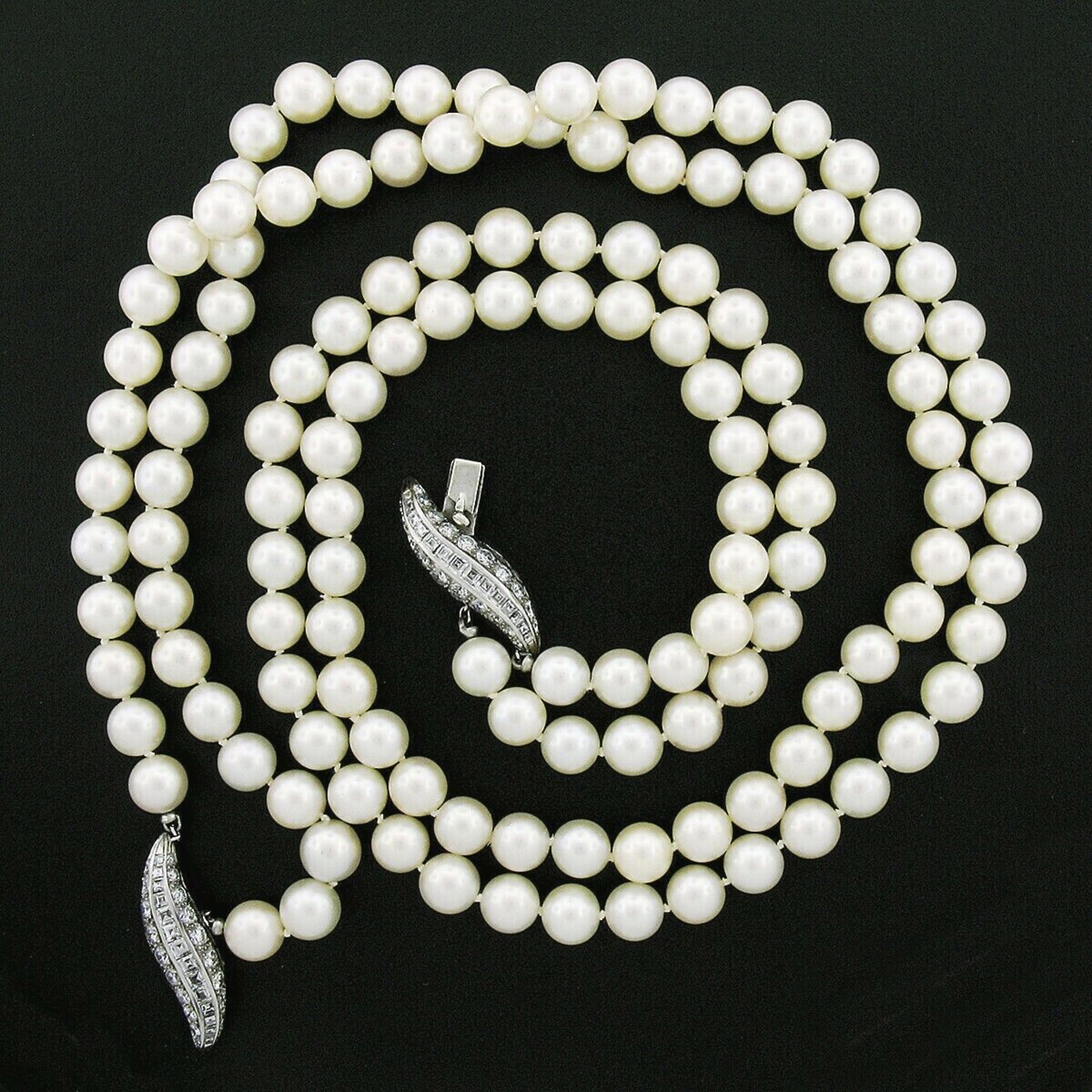 GIA White Cultured Akoya Pearl Dual Strand Necklace & Platinum Diamond Clasp In Good Condition In Montclair, NJ