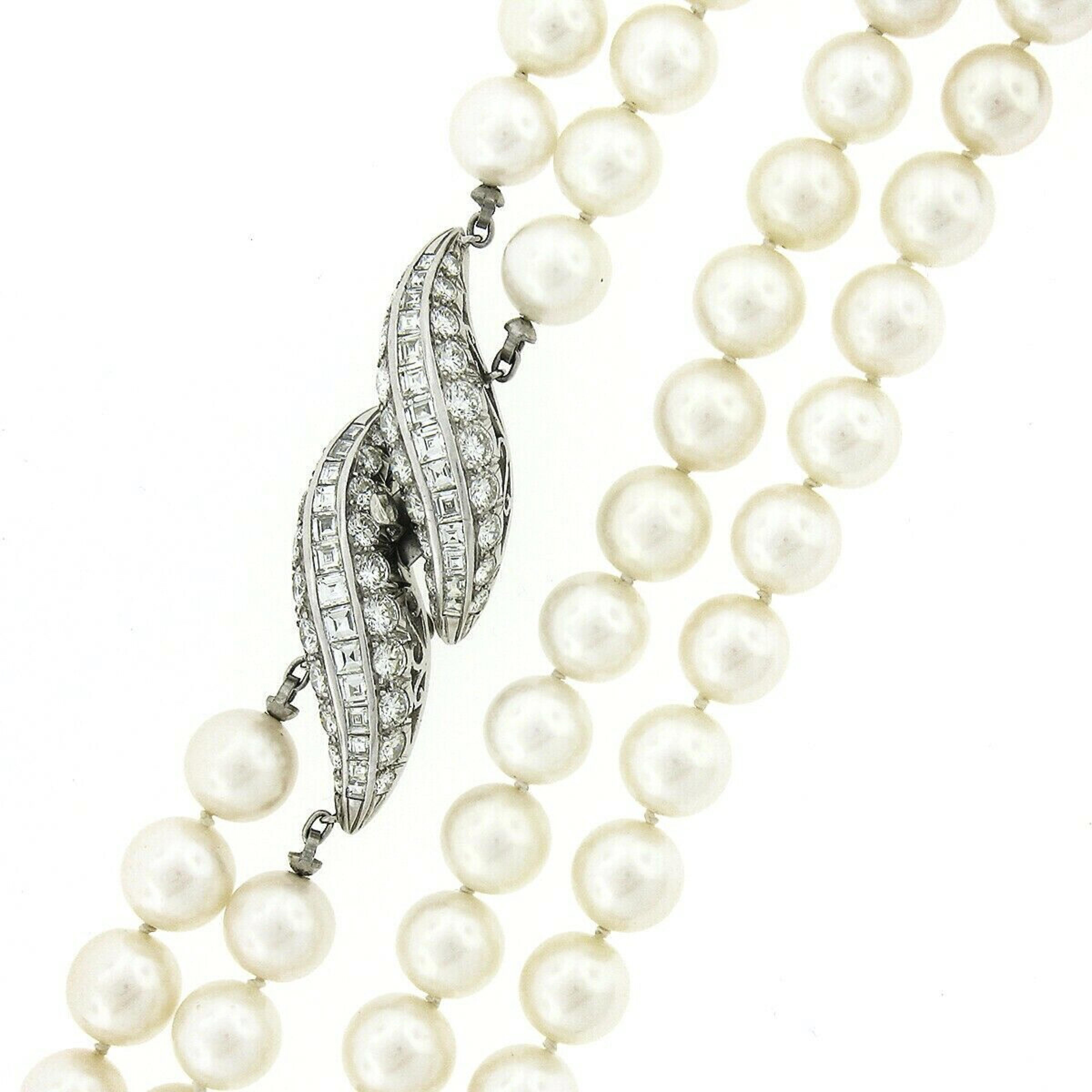 GIA White Cultured Akoya Pearl Dual Strand Necklace & Platinum Diamond Clasp 1