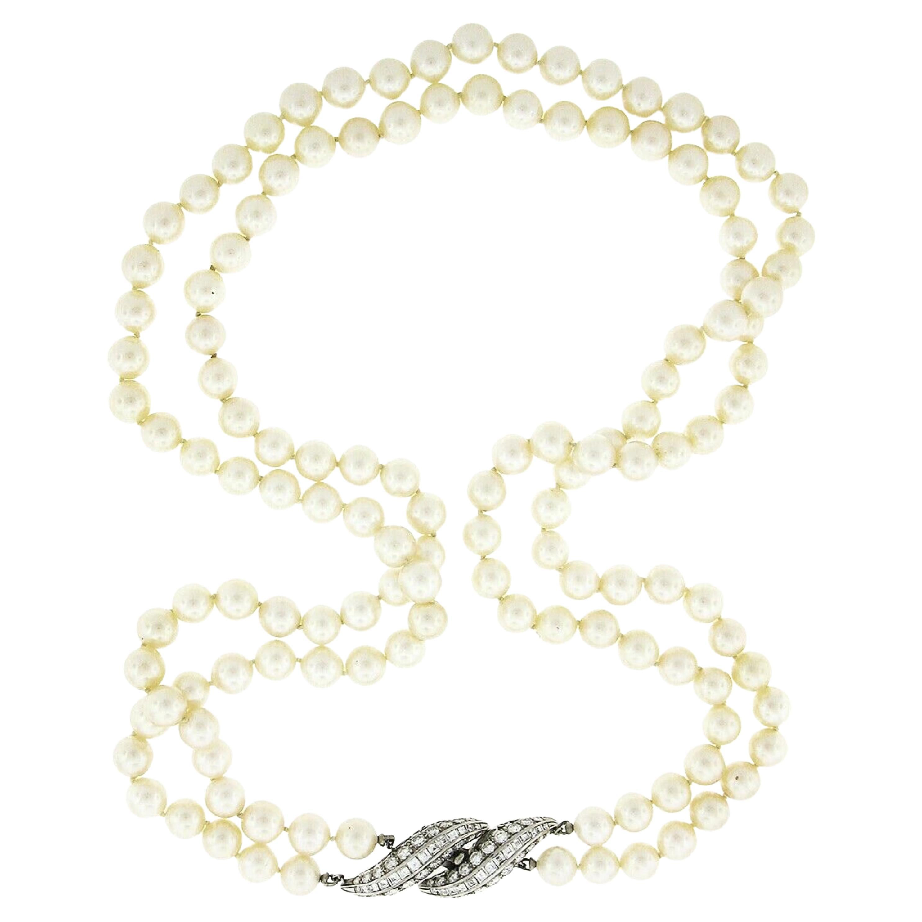 GIA White Cultured Akoya Pearl Dual Strand Necklace & Platinum Diamond Clasp