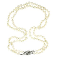 Vintage GIA White Cultured Akoya Pearl Dual Strand Necklace & Platinum Diamond Clasp