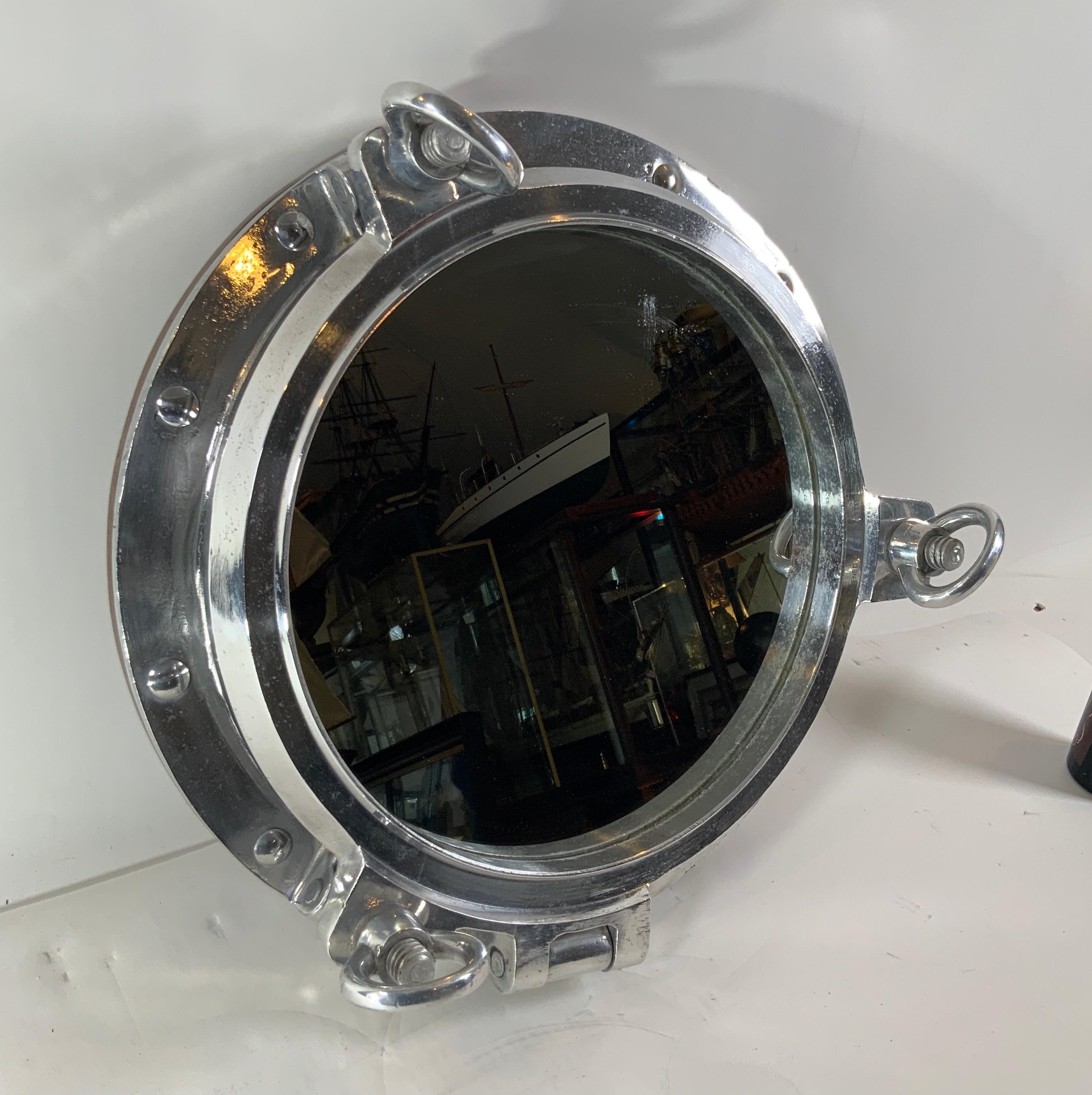 Aluminum Ship's Porthole Mirror In Good Condition For Sale In Norwell, MA