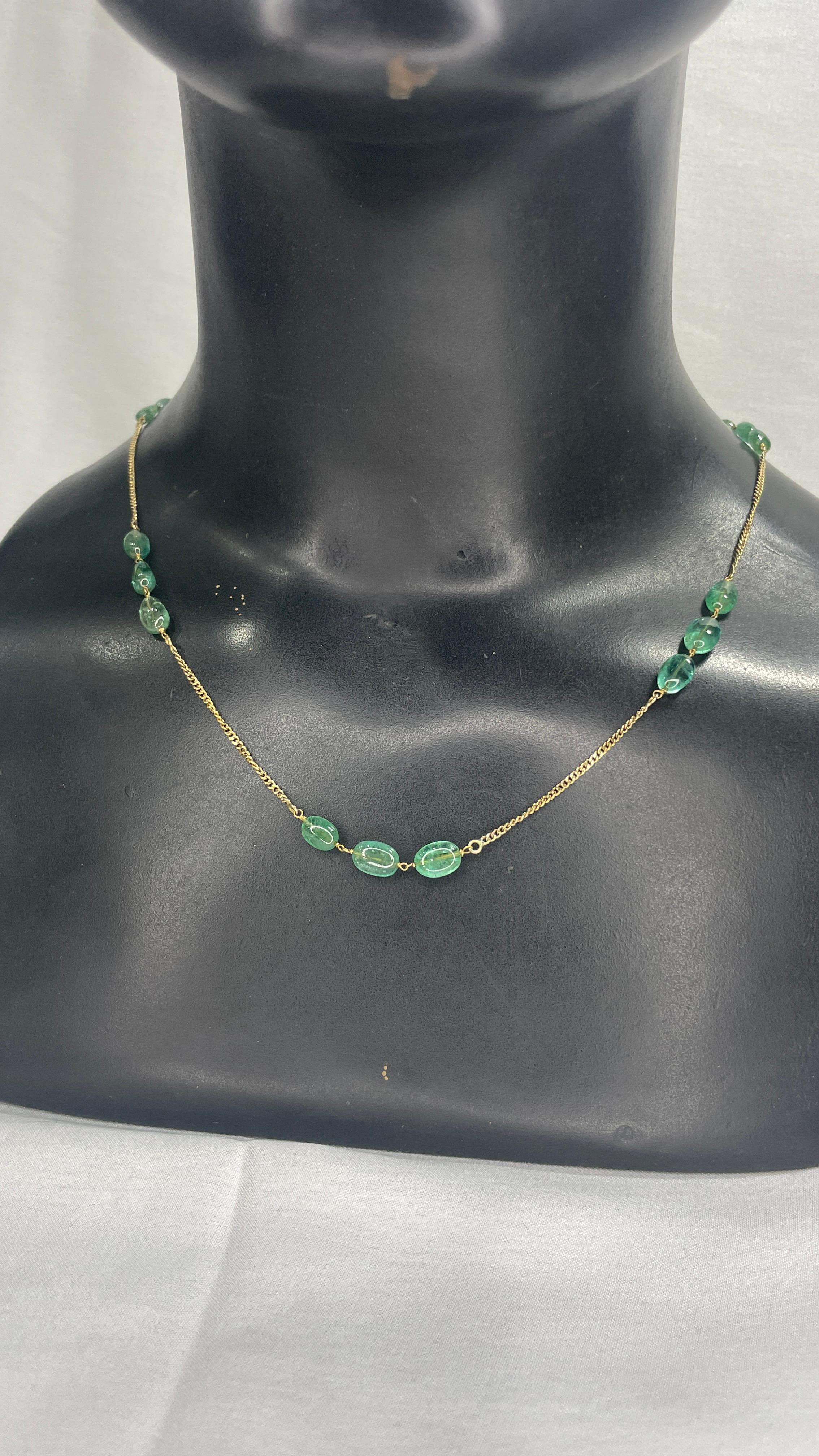 Emerald Necklace in 18K Gold studded with tumble cut emeralds.
Accessorize your look with this elegant emerald beaded necklace. This stunning piece of jewelry instantly elevates a casual look or dressy outfit. Comfortable and easy to wear, it is