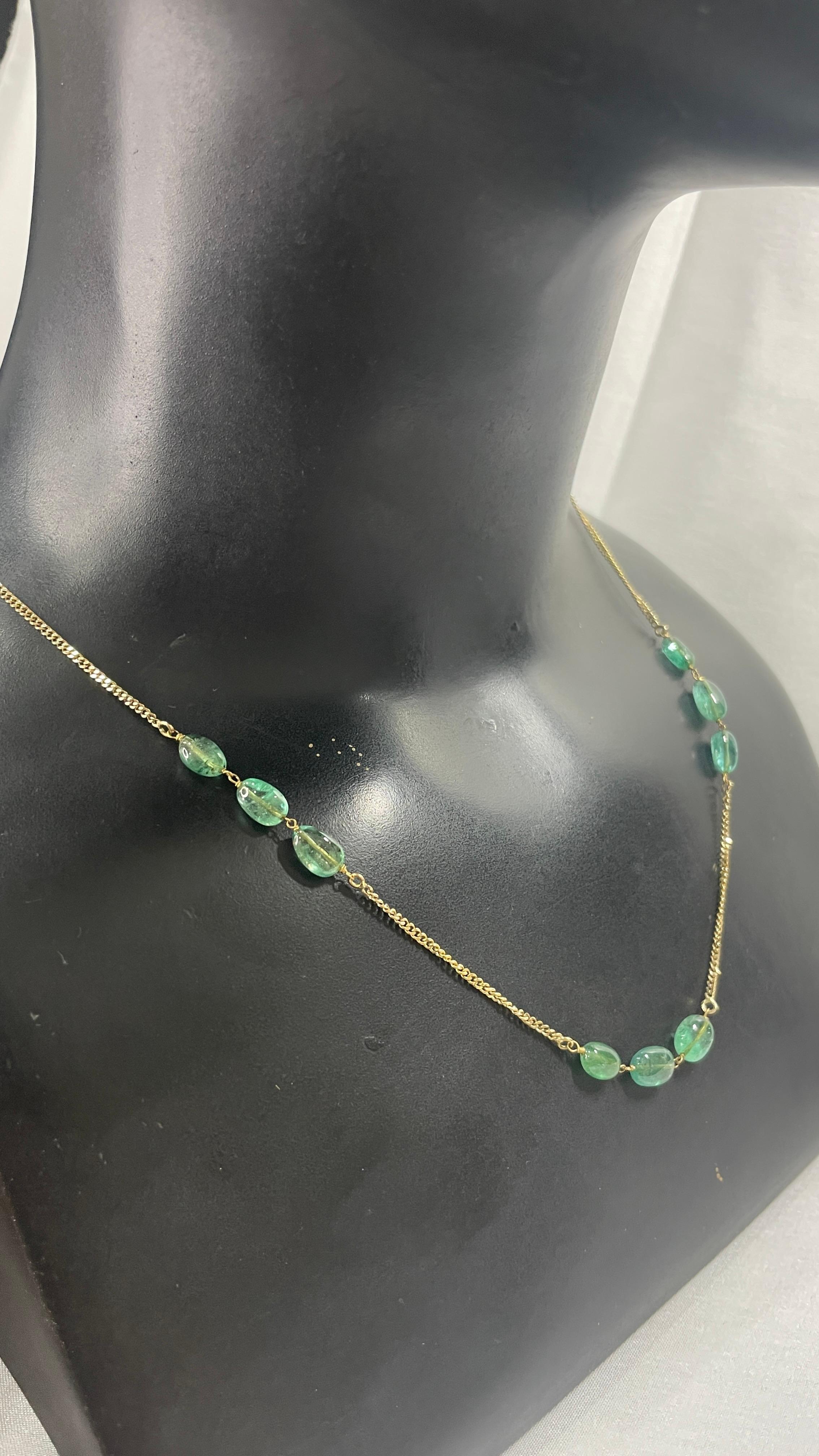 Art Deco Long Emerald Beaded Chain Necklace in 18K Yellow Gold