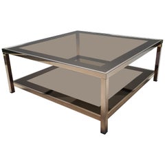 23-Karat Gold Plated Square 2-Tiers Coffee Table by Belgo Chrom, 1980s