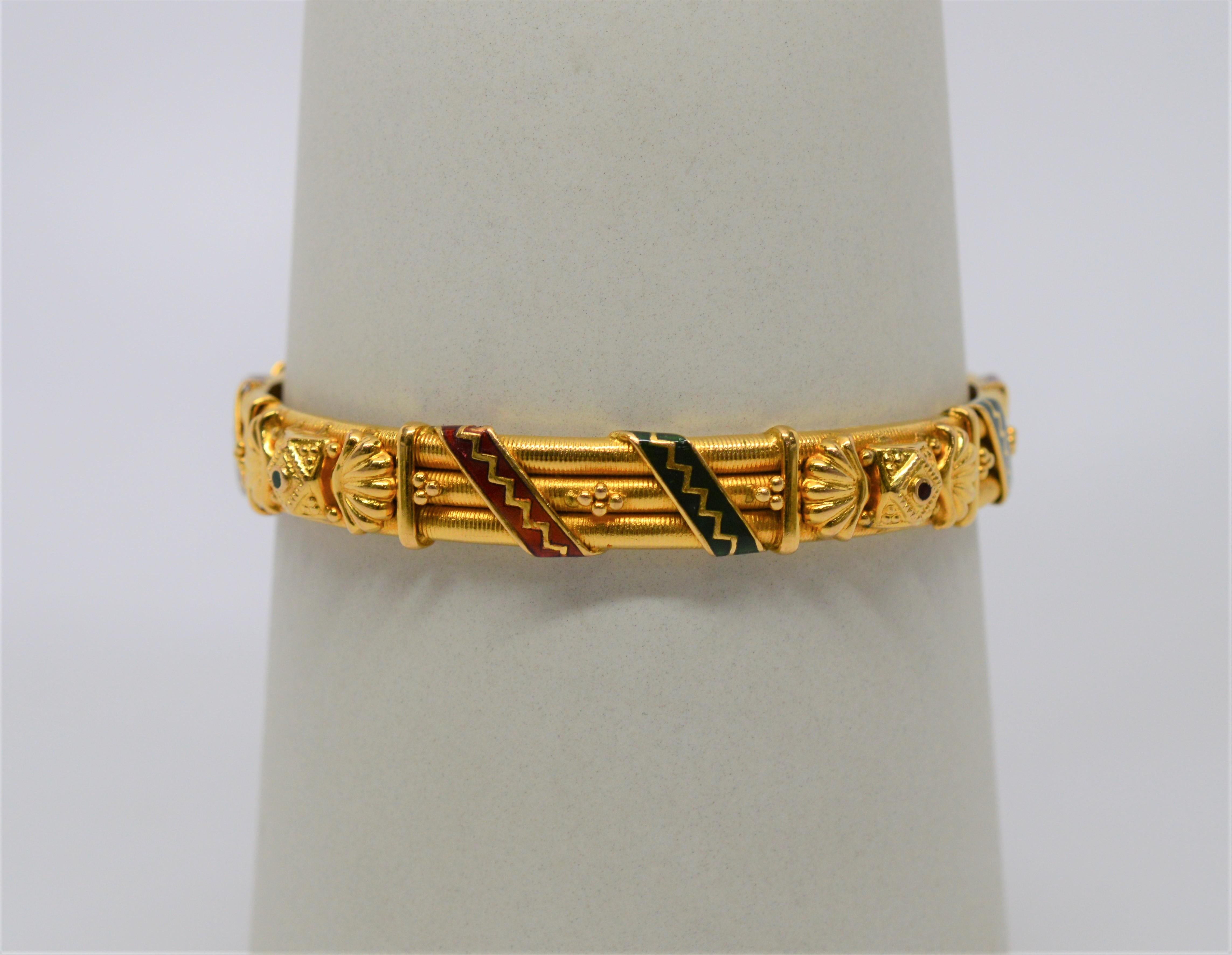 23 Karat Yellow Gold Bangle Bracelet with Enamel Ribbon Accents 1