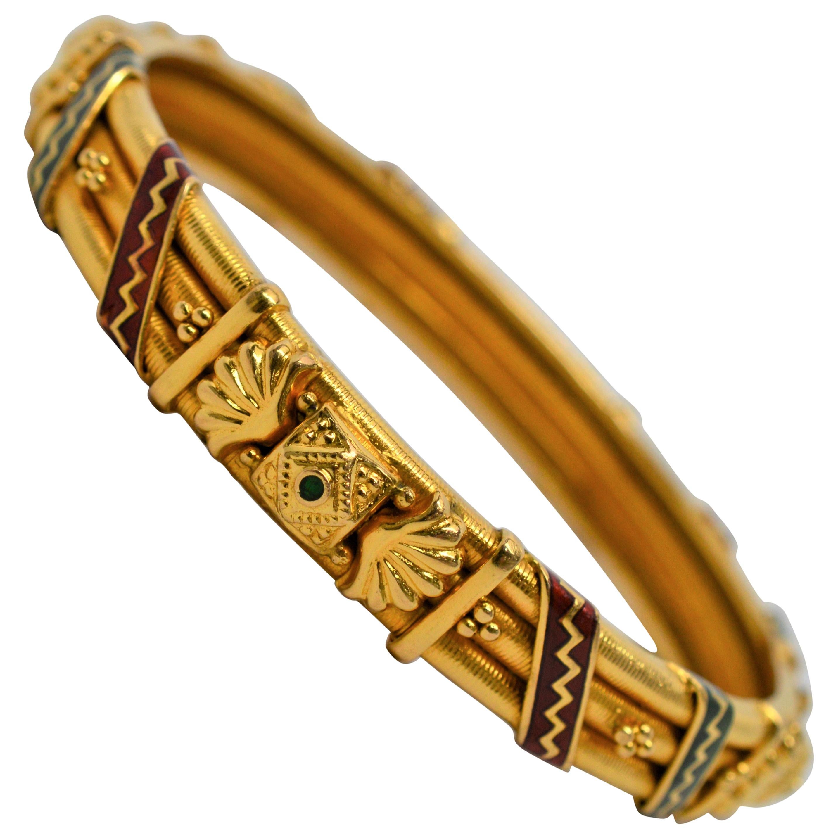 23 Karat Yellow Gold Bangle Bracelet with Enamel Ribbon Accents