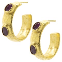 23 Karat Yellow Gold Hammered Bezel Set Ruby Hoop Earrings