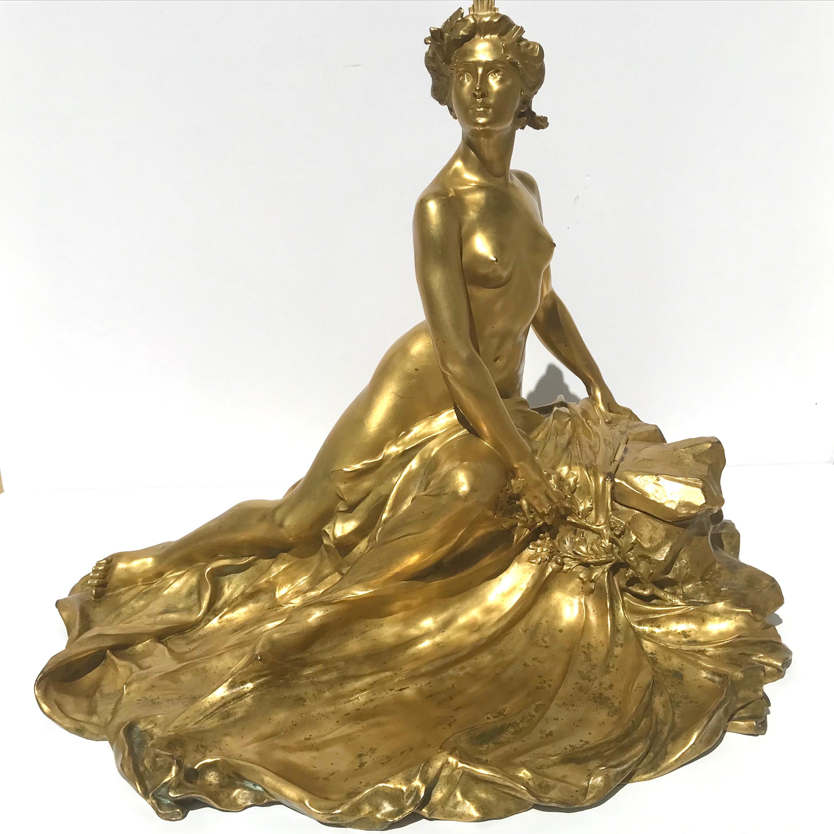 Art Nouveau 23” Raoul Larche  'L'Idée, Allégorie sur un Rocher' Gilt Bronze Inkwell For Sale