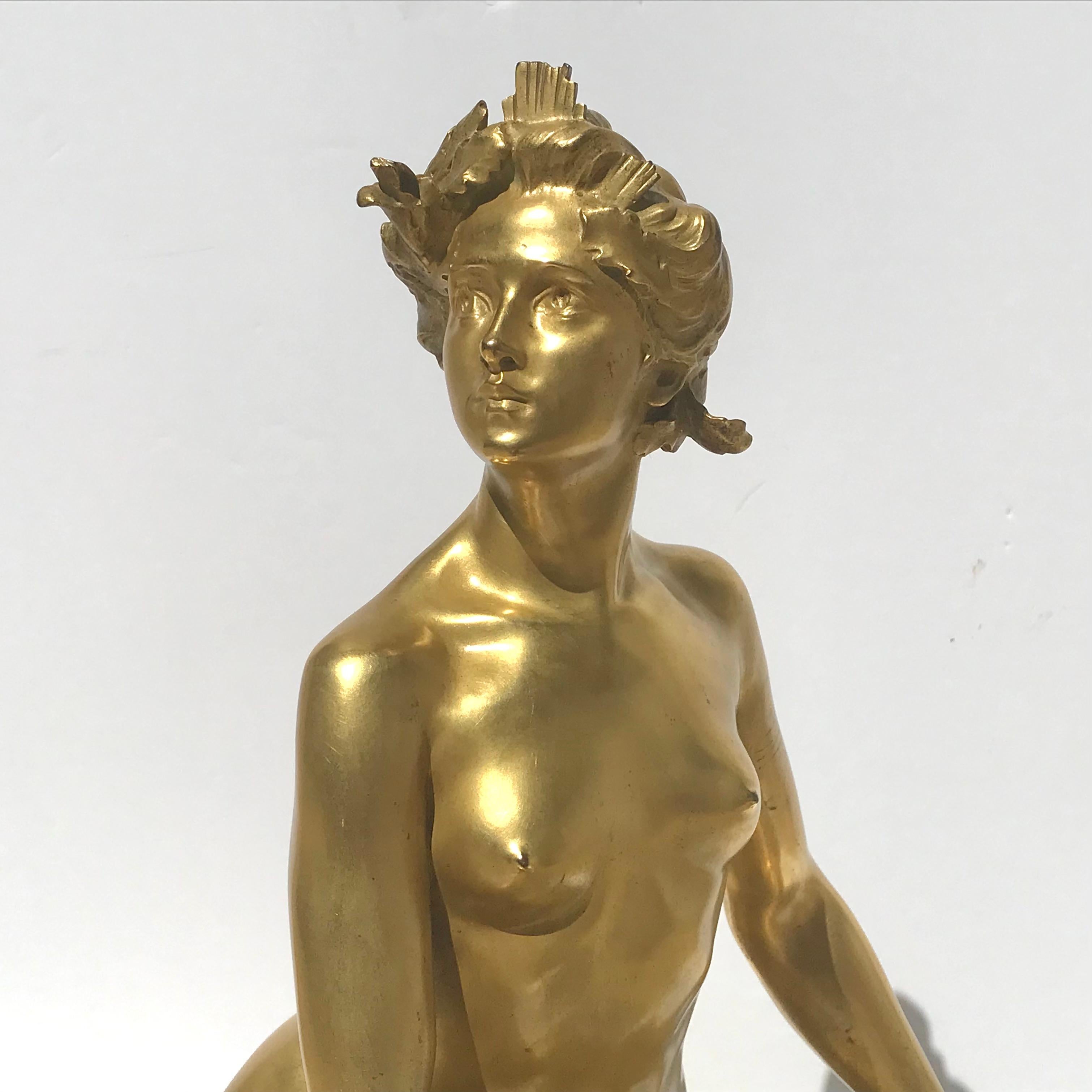 French 23” Raoul Larche  'L'Idée, Allégorie sur un Rocher' Gilt Bronze Inkwell For Sale