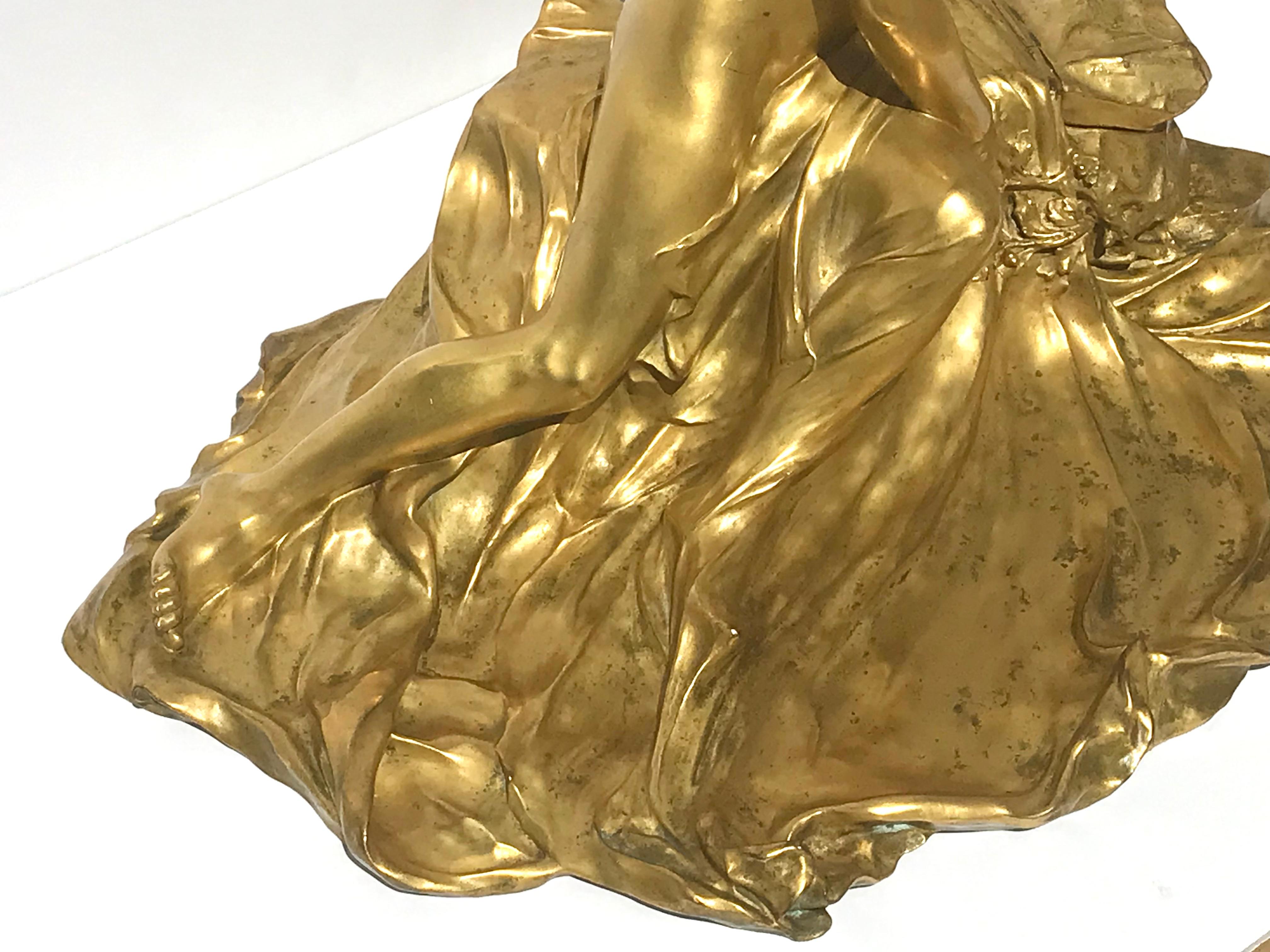 23” Raoul Larche  'L'Idée, Allégorie sur un Rocher' Gilt Bronze Inkwell In Good Condition For Sale In Dallas, TX