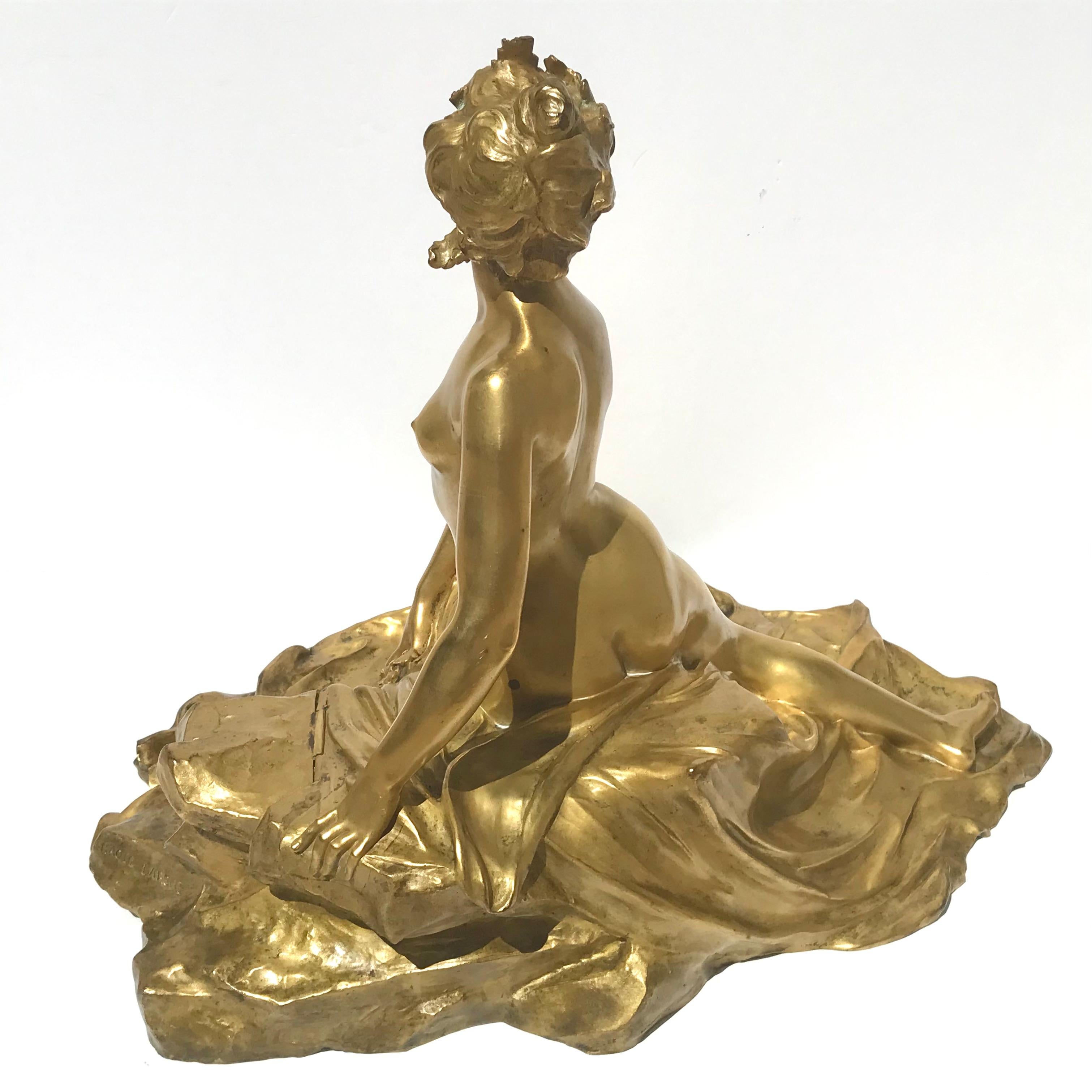 Early 20th Century 23” Raoul Larche  'L'Idée, Allégorie sur un Rocher' Gilt Bronze Inkwell For Sale