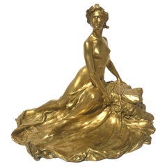 Antique 23” Raoul Larche  'L'Idée, Allégorie sur un Rocher' Gilt Bronze Inkwell