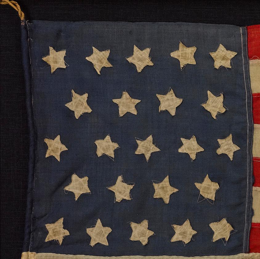 This 23-star count flag normally dates back to 1820, when James Monroe was President and Maine joined the Union as the 23rd state. However, the mode of construction of this flag suggests it was made around the time of the Civil War, possibly to show