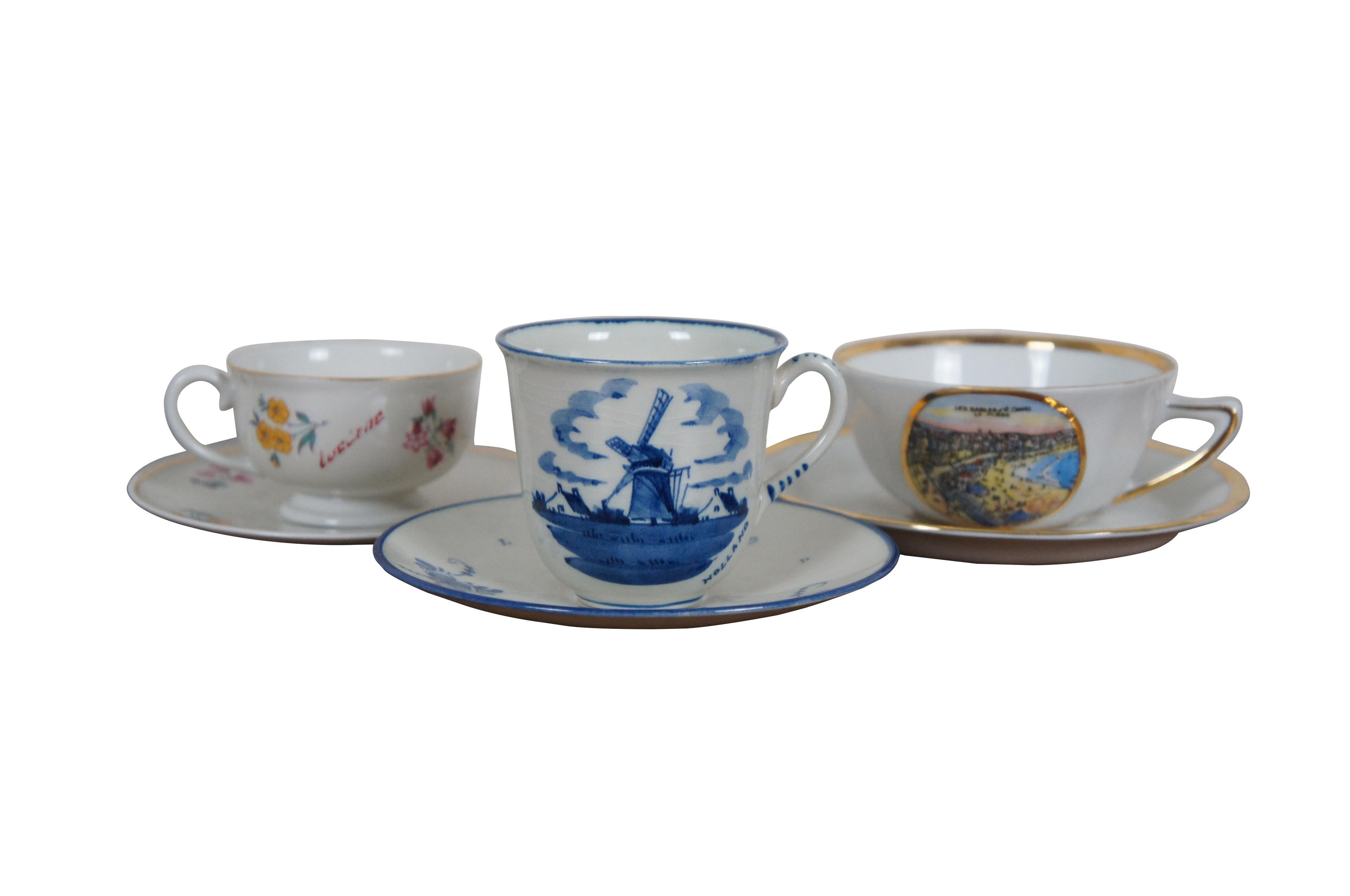 Lote de 23 tazas y platillos de porcelana del siglo XX - recuerdos que representan a Holanda, Bélgica, Luxemburgo y diversas ciudades alemanas. Entre los fabricantes figuran: Johann Haviland, Gerold & Co, RW, Alka, Porcelaine de France, Koenigszelt,