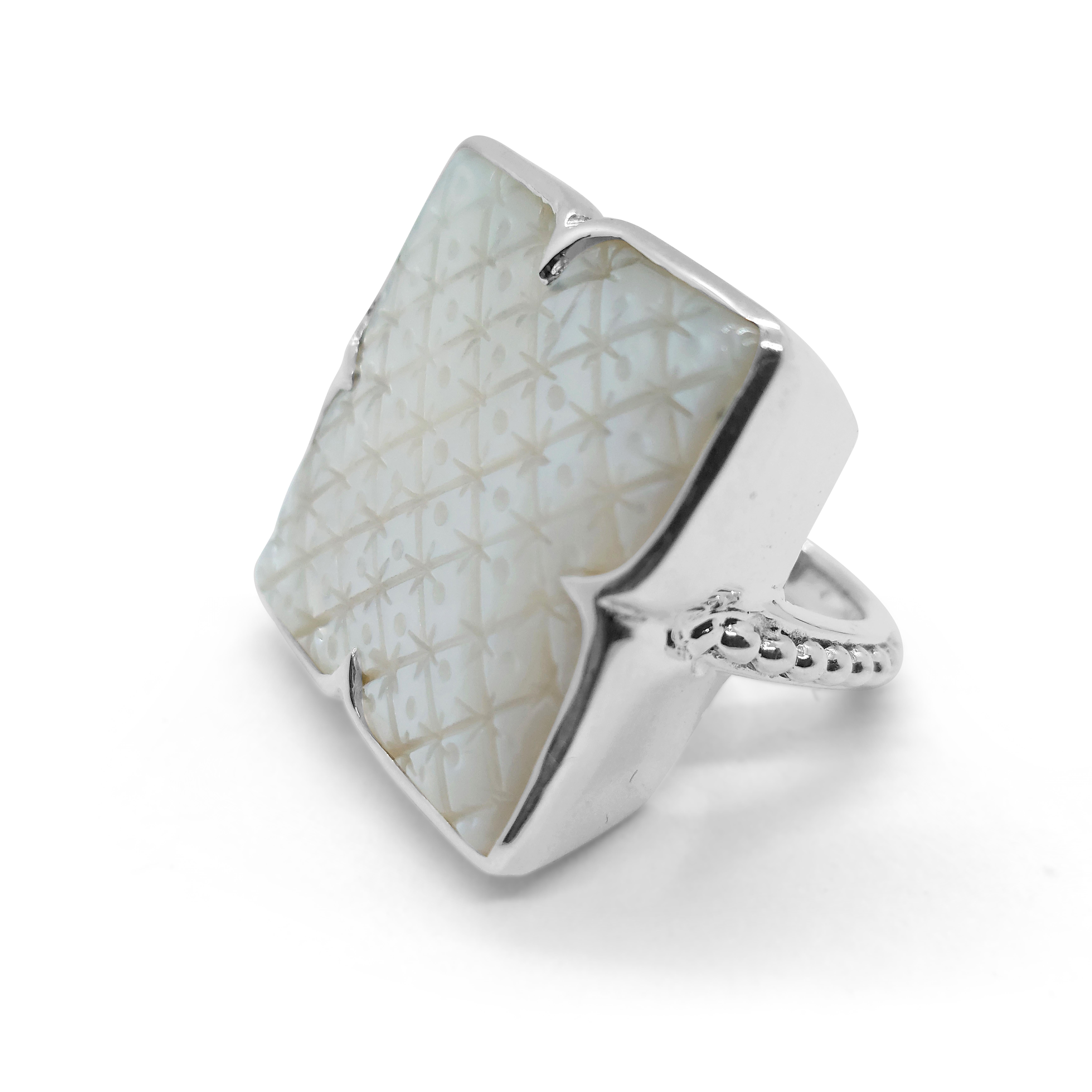 For Sale:  23 X 23 White Clover Mother of Pearl Carving in Double Side Sterling Silver Ring 3