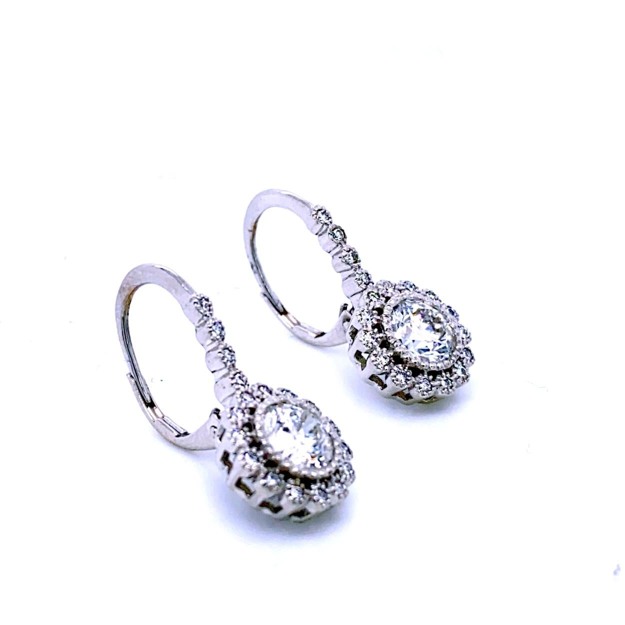 Contemporary 2.30 Carat 14 Dangling Diamond Earring with 2 pcs of  1 Carat RB Center and Halo For Sale