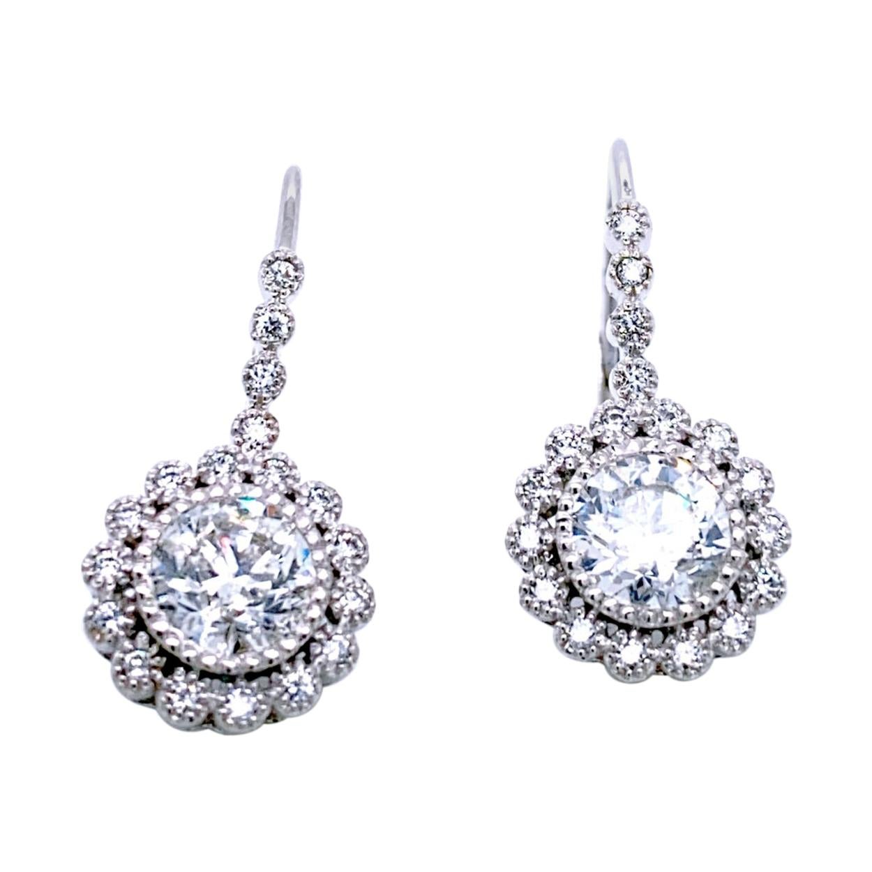 2.30 Carat 14 Dangling Diamond Earring with 2 pcs of  1 Carat RB Center and Halo
