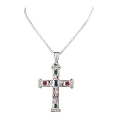 2.30 Carat 14 Karat Gold Cross with Diamond Emerald Sapphire and Ruby Necklace