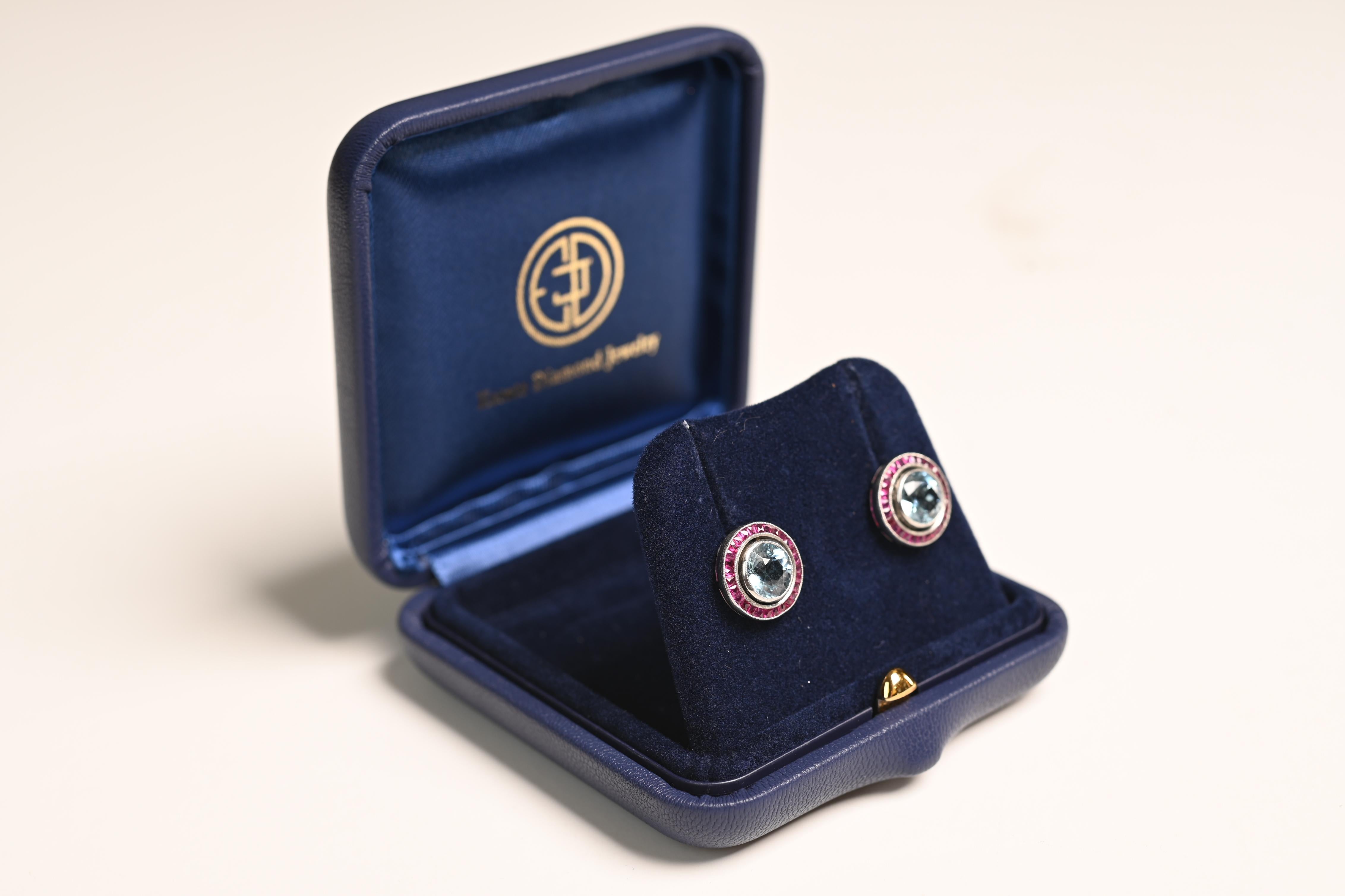 Art Deco Aquamarine Earrings (Approx 2.3-Carats), Ruby Halo, Platinum For Sale