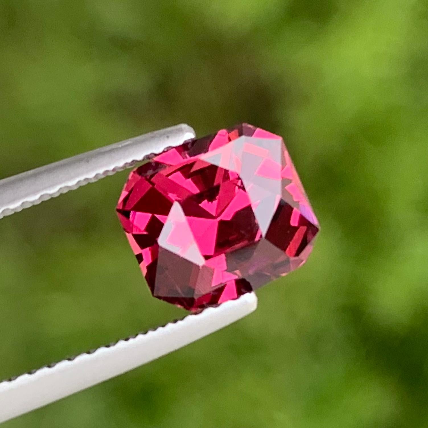 Loose Rhodolite Garnet
Weight : 2.30 Carats
Dimensions : 7.6x6.8x5 Mm
Origin : Tanzania Africa
Clarity : AAA Loupe Clean 
Shape: Emerald 
Cut: Fancy Bar Cut
Certificate: On Demand
Treatment: Non
Color: Purple Red
Rhodolite is a mixture of pyrope and