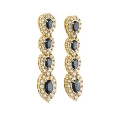 2.30 Carat Blue Oval Sapphire Diamond Halo Yellow Gold Dangle Earrings