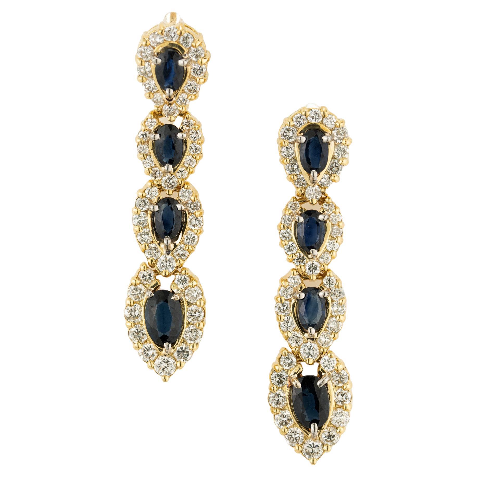 2.30 Carat Blue Oval Sapphire Diamond Halo Yellow Gold Dangle Earrings