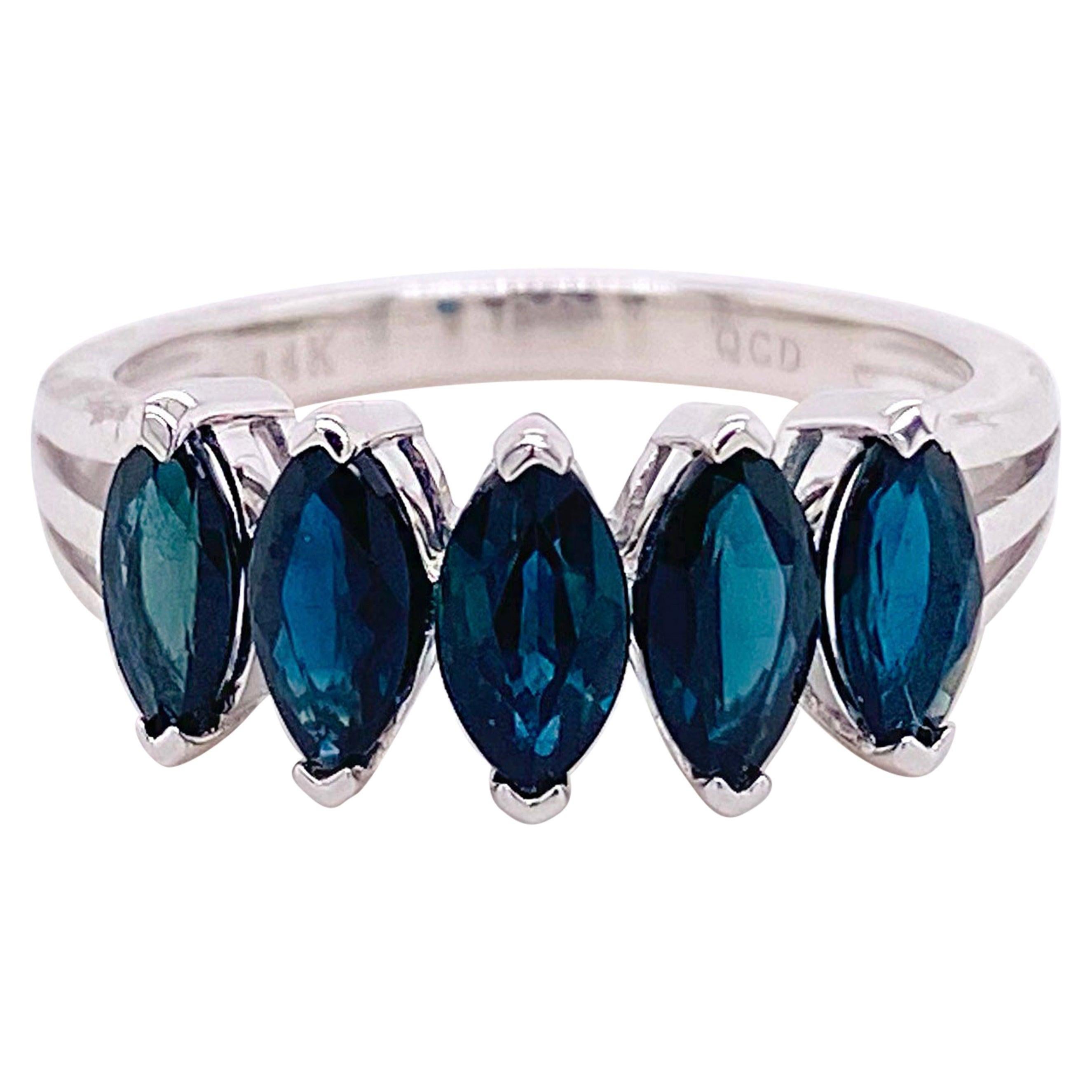 2.30 Carat Blue Sapphire Ring 14 Karat White Gold Five-Stone Anniversary Band