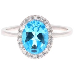 2.30 Carat Blue Topaz Diamond White Gold Cocktail Ring