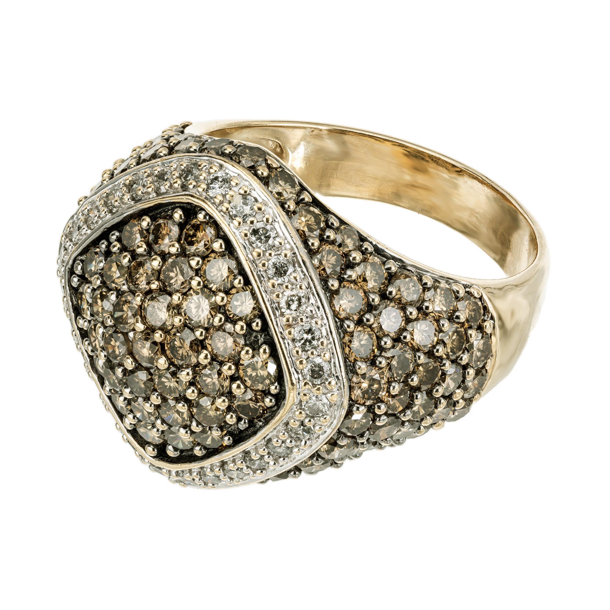 Beautiful Golden rich brown white diamond dome cocktail Ring. This spectacular cluster ring is adorned with 105 natural chocolate round diamonds totaling approximately 2.00kcts.  along the domed top and shoulders. There is a halo of 30 round full