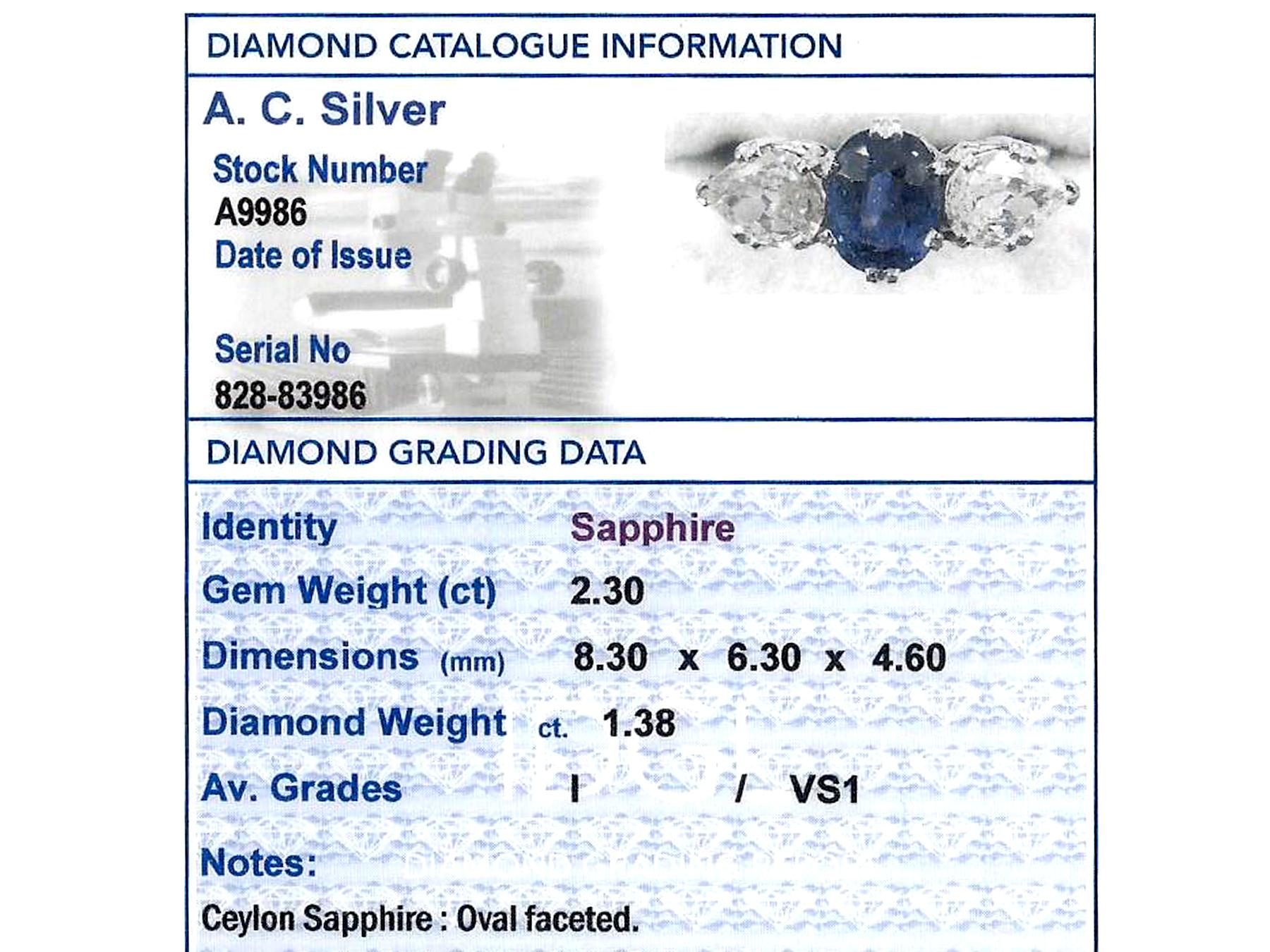 Women's or Men's 2.30 Carat Ceylon Sapphire and 1.38 Carat Diamond White Gold Trilogy Ring