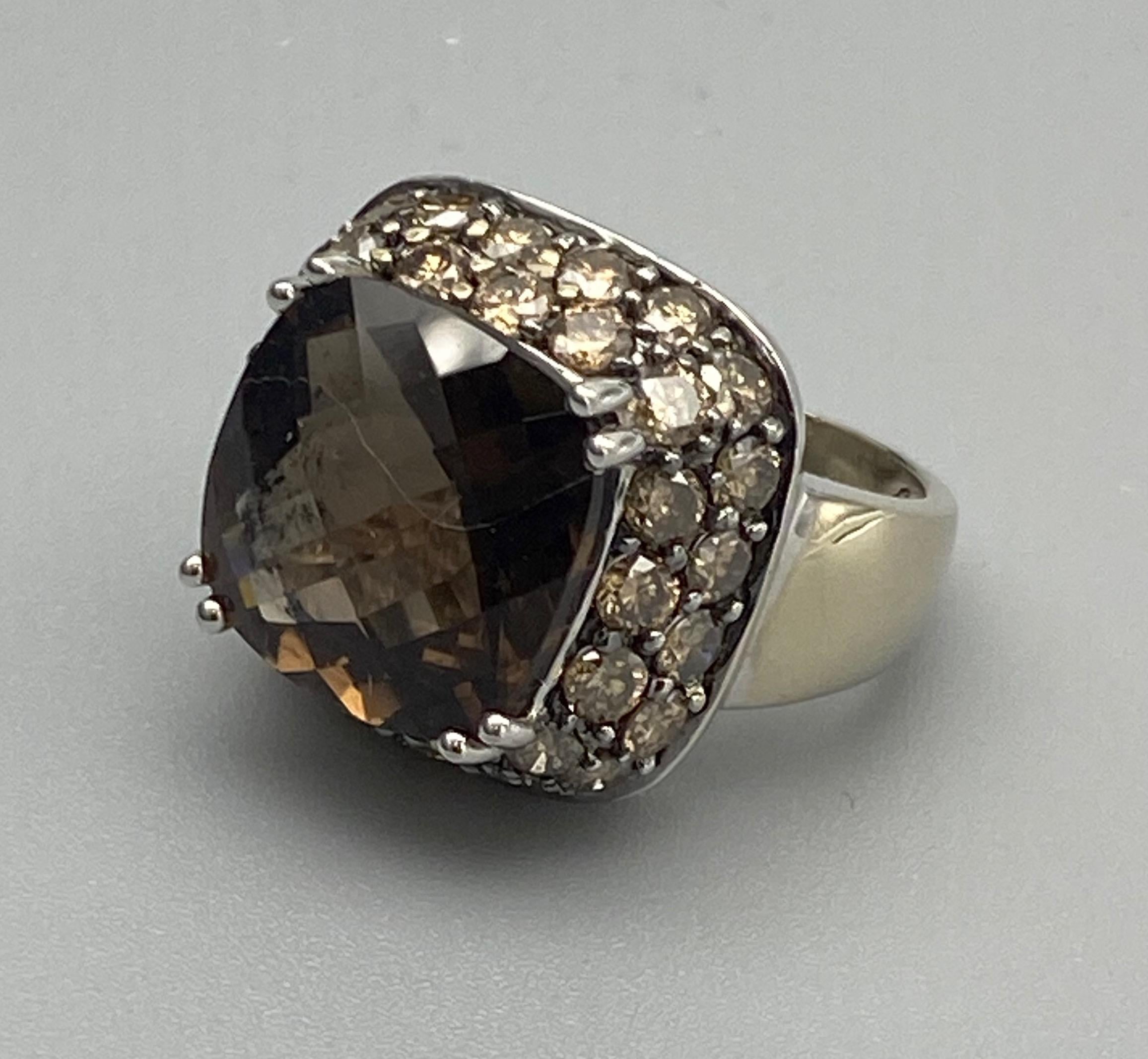 2.30 Carat Chocolate Diamond & Topaz Cushion Halo Ring, White Gold In Good Condition For Sale In Laguna Hills, CA